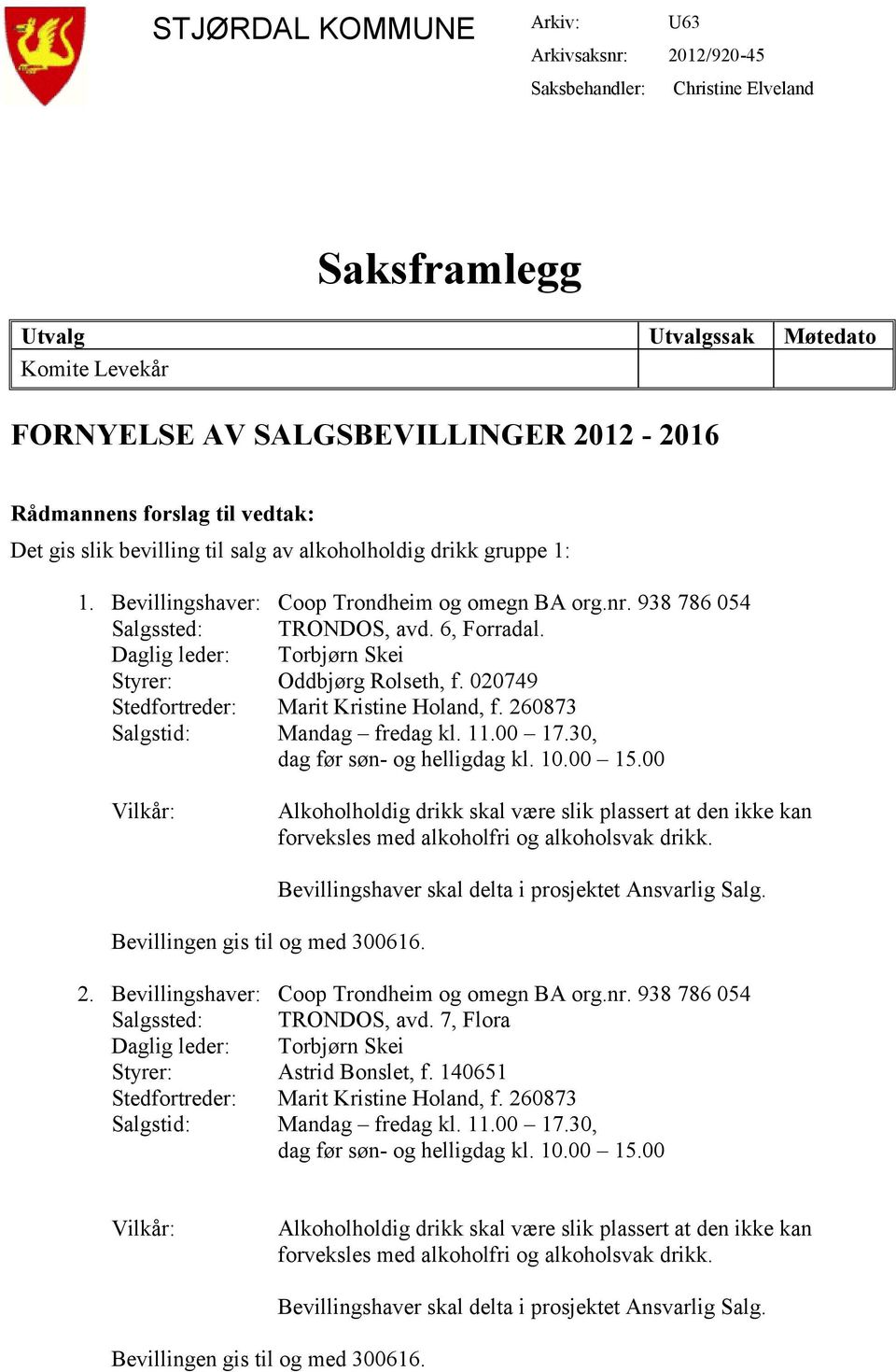 Styrer: Oddbjørg Rolseth, f. 020749 Stedfortreder: Marit Kristine Holand, f. 260873 Salgstid: Mandag fredag kl. 11.00 17.30, dag før søn- og helligdag kl. 10.00 15.00 2.