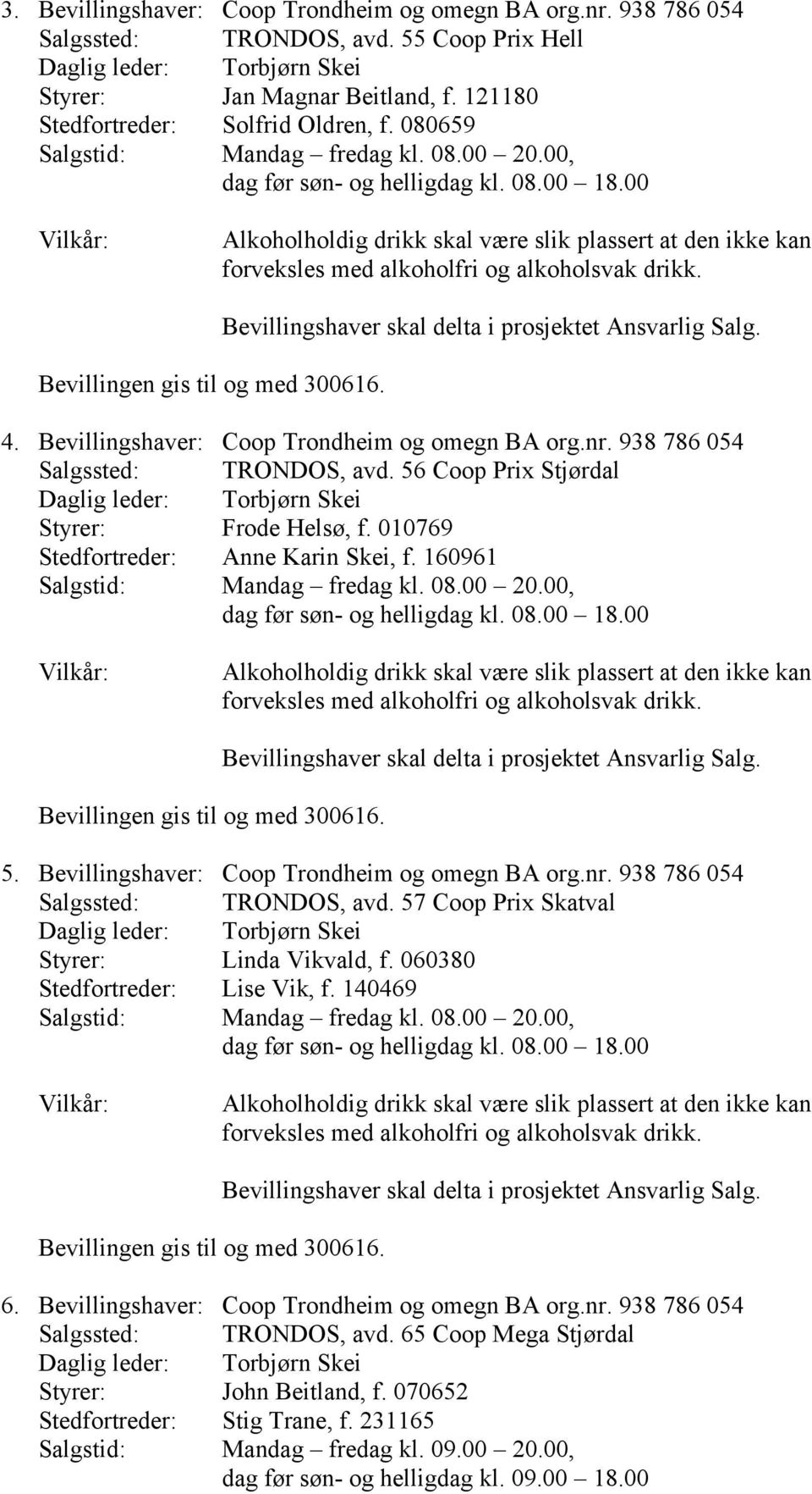 Bevillingshaver: Coop Trondheim og omegn BA org.nr. 938 786 054 Salgssted: TRONDOS, avd. 57 Coop Prix Skatval Styrer: Linda Vikvald, f. 060380 Stedfortreder: Lise Vik, f. 140469 6.