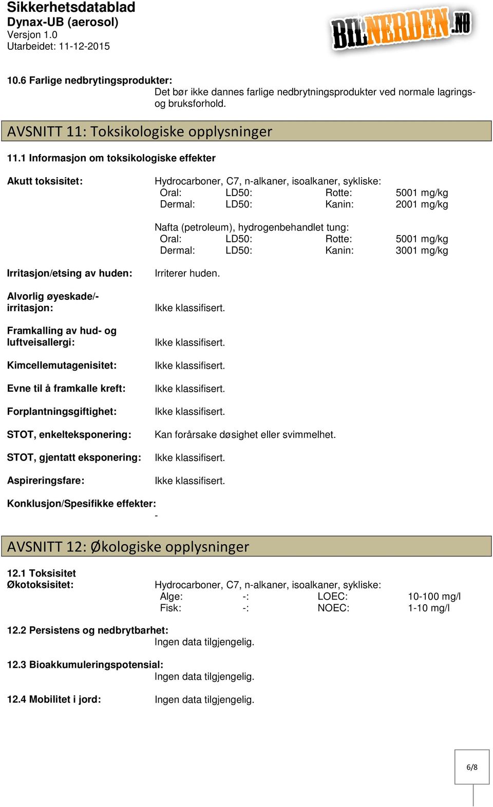 1 Informasjon om toksikologiske effekter Akutt toksisitet: Hydrocarboner, C7, nalkaner, isoalkaner, sykliske: Oral: LD50: Rotte: 5001 mg/kg Dermal: LD50: Kanin: 2001 mg/kg Nafta (petroleum),