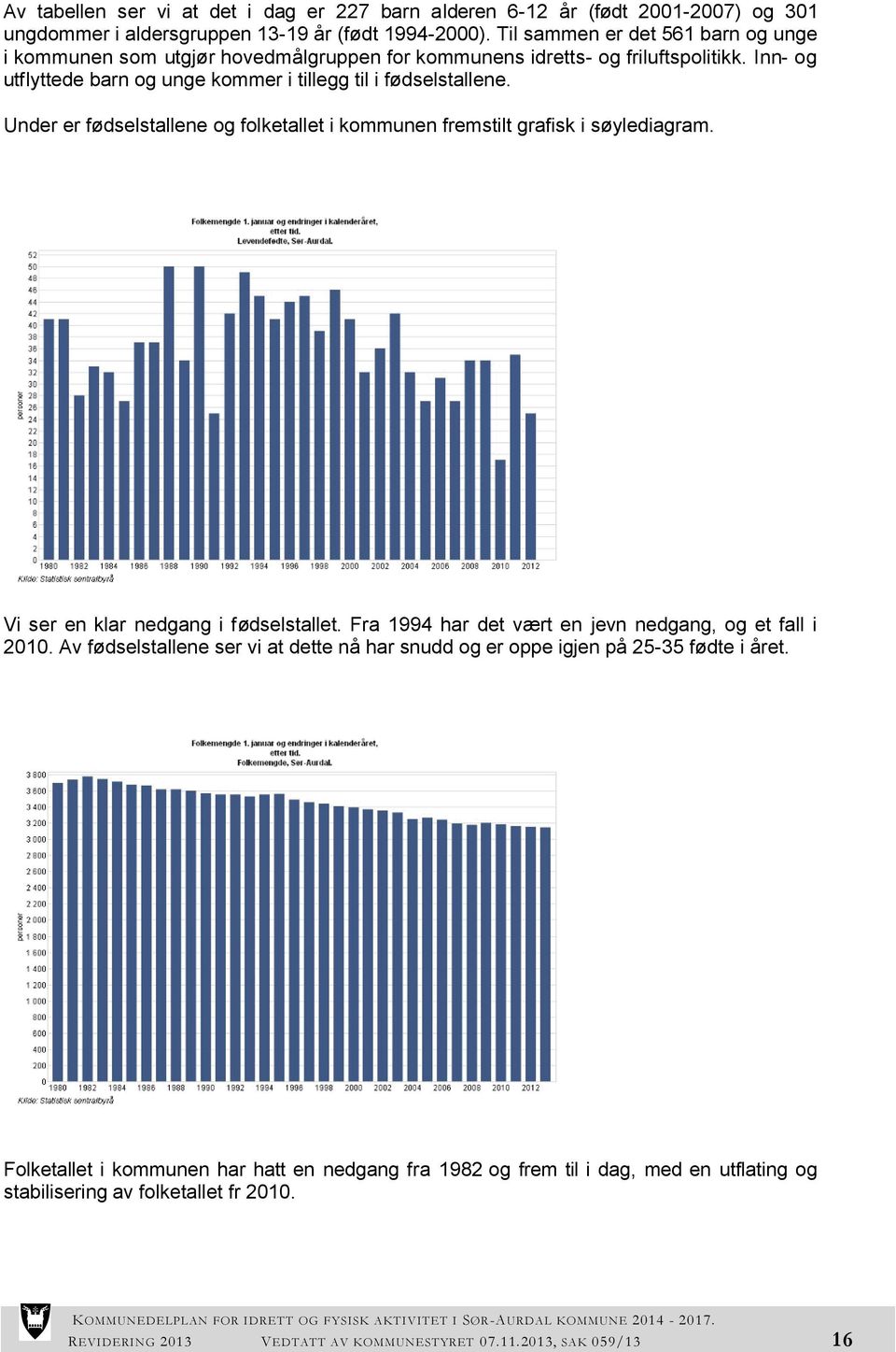 Under er fødselstallene og folketallet i kommunen fremstilt grafisk i søylediagram. Vi ser en klar nedgang i fødselstallet. Fra 1994 har det vært en jevn nedgang, og et fall i 2010.