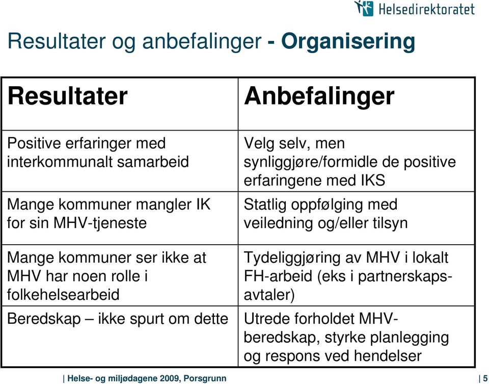 synliggjøre/formidle de positive erfaringene med IKS Statlig oppfølging med veiledning og/eller tilsyn Tydeliggjøring av MHV i lokalt