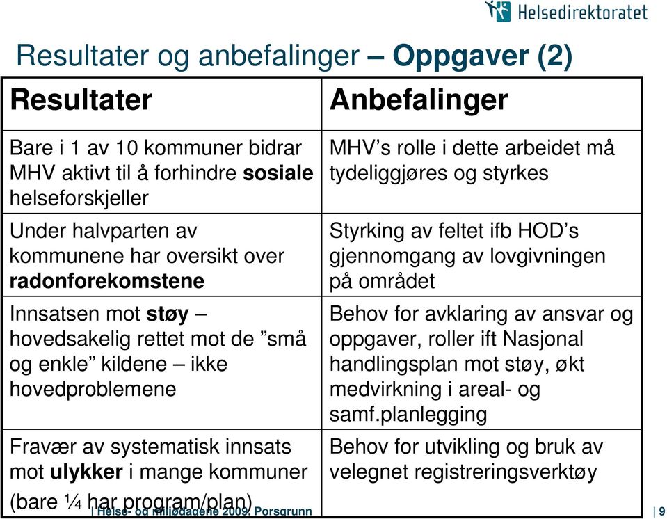 av systematisk innsats mot ulykker i mange kommuner (bare ¼ har program/plan) Styrking av feltet ifb HOD s gjennomgang av lovgivningen på området Behov for avklaring av ansvar og