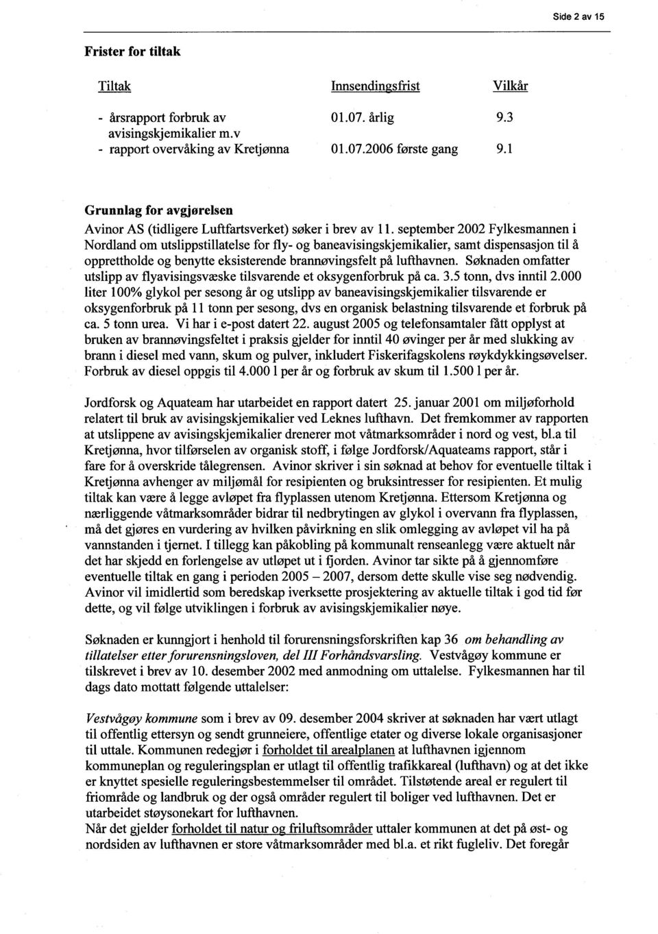 september 2002 Fylkesmannen i Nordland om utslippstillatelse for fly- og baneavisingskjemikalier, samt dispensasjon til å opprettholde og benytte eksisterende brannøvingsfelt på lufthavnen.