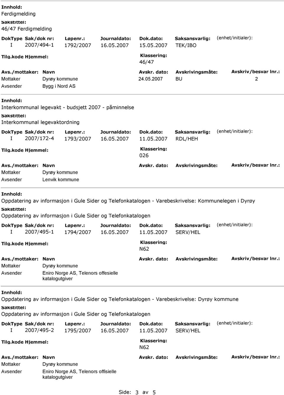 informasjon i Gule Sider og Telefonkatalogen - Varebeskrivelse: Kommunelegen i Dyrøy Oppdatering av informasjon i Gule Sider og Telefonkatalogen 2007/495-1 1794/2007 SERV/HEL