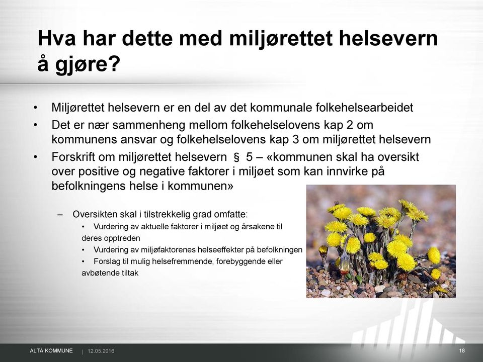 miljørettet helsevern Forskrift om miljørettet helsevern 5 «kommunen skal ha oversikt over positive og negative faktorer i miljøet som kan innvirke på befolkningens