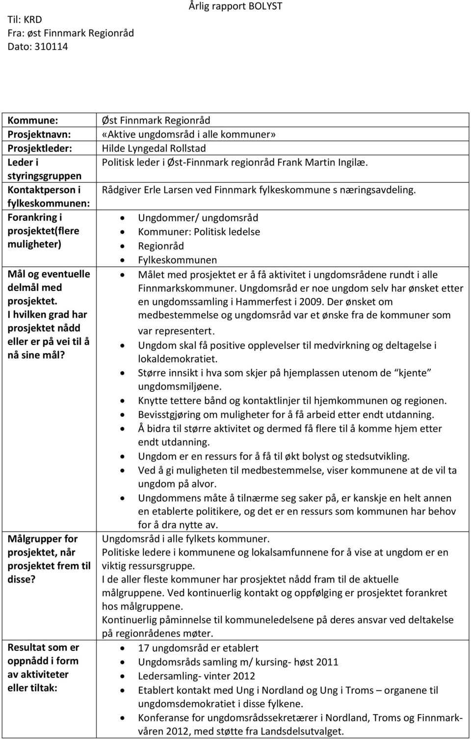 Resultat som er oppnådd i form av aktiviteter eller tiltak: Øst Finnmark Regionråd «Aktive ungdomsråd i alle kommuner» Hilde Lyngedal Rollstad Politisk leder i Øst-Finnmark regionråd Frank Martin