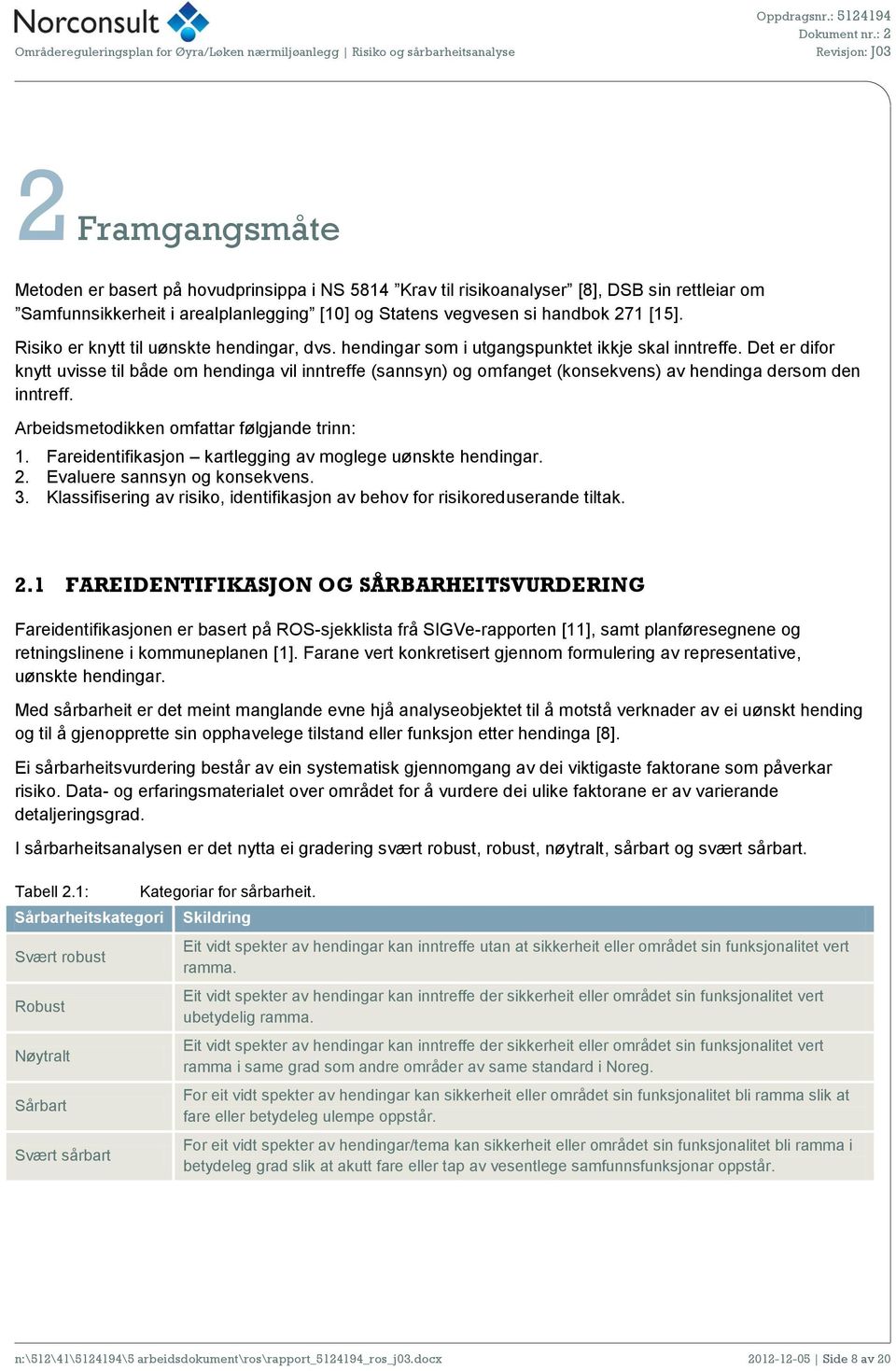 Det er difor knytt uvisse til både om hendinga vil inntreffe (sannsyn) og omfanget (konsekvens) av hendinga dersom den inntreff. Arbeidsmetodikken omfattar følgjande trinn: 1.