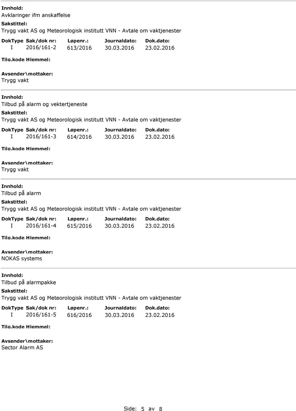 23.02.2016 Trygg vakt Tilbud på alarm Trygg vakt AS og Meteorologisk institutt VNN - Avtale om vaktjenester 2016/161-4 615/2016 23.02.2016 NOKAS systems Tilbud på alarmpakke Trygg vakt AS og Meteorologisk institutt VNN - Avtale om vaktjenester 2016/161-5 616/2016 23.