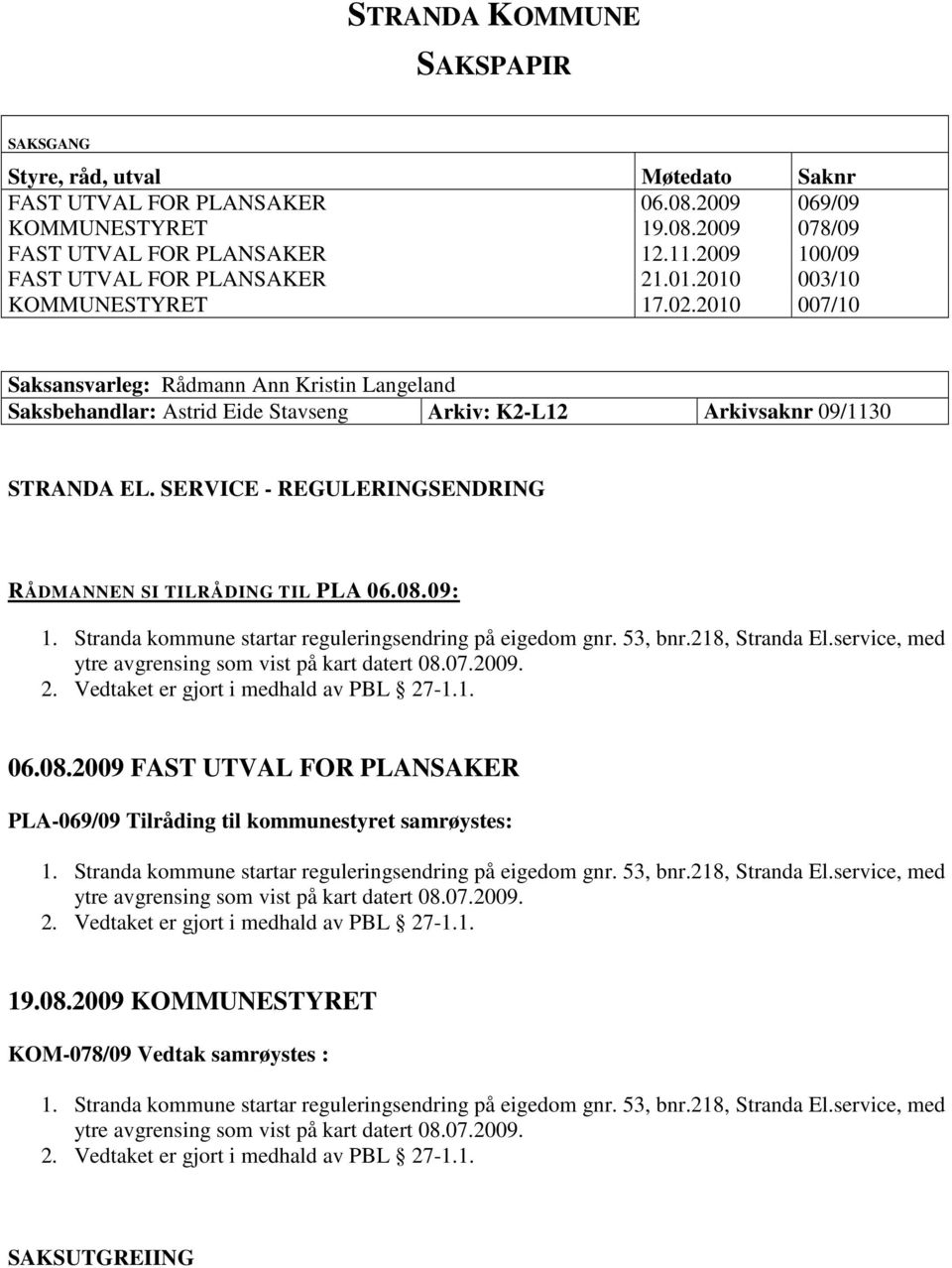 2010 007/10 Saksansvarleg: Rådmann Ann Kristin Langeland Saksbehandlar: Astrid Eide Stavseng Arkiv: K2-L12 Arkivsaknr 09/1130 STRANDA EL.