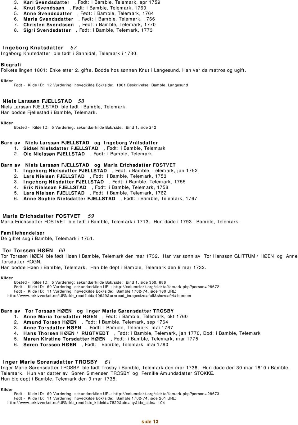 Sigri Svendsdatter, Født: i Bamble, Telemark, 1773 Ingeborg Knutsdatter 57 Ingeborg Knutsdatter ble født i Sannidal, Telemark i 1730. Folketellingen 1801: Enke etter 2. gifte.