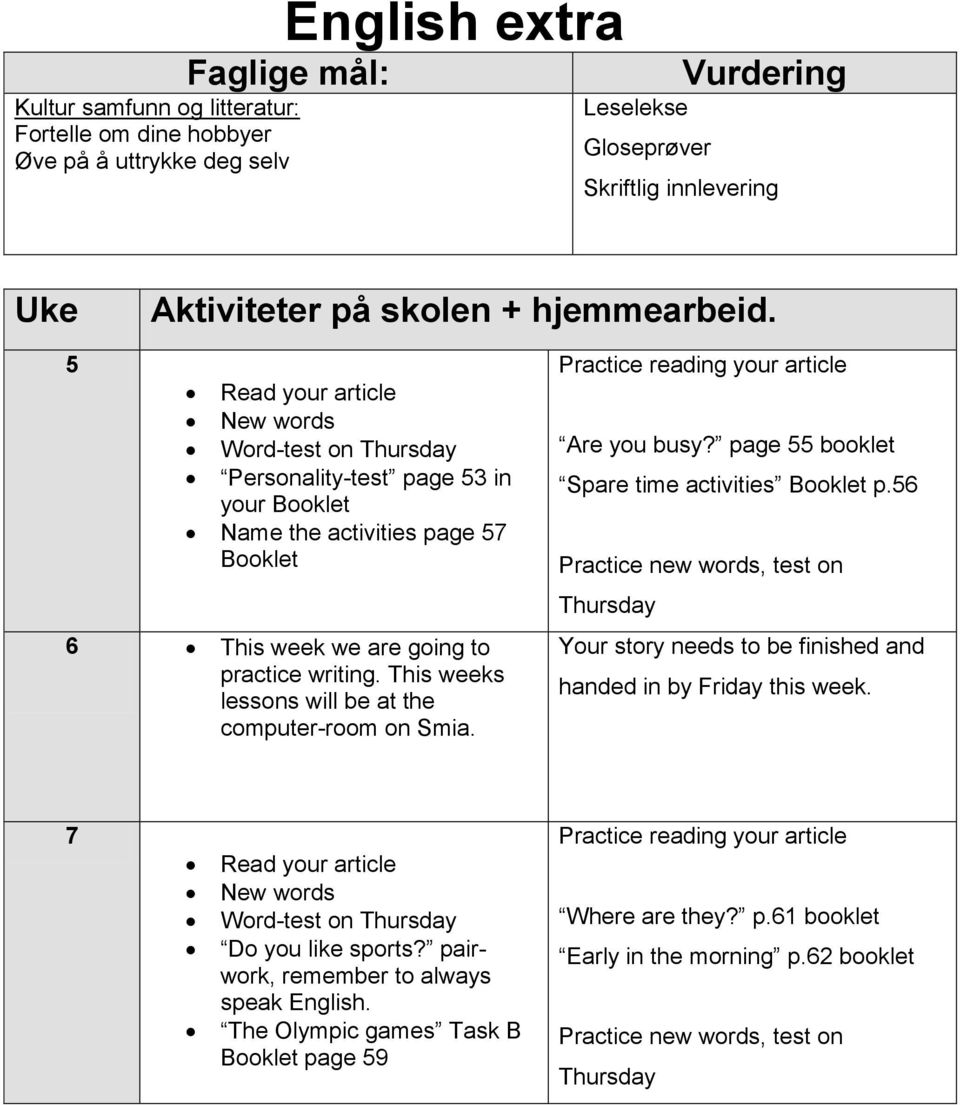 This weeks lessons will be at the computer-room on Smia. Practice reading your article Are you busy? page booklet Spare time activities Booklet p.