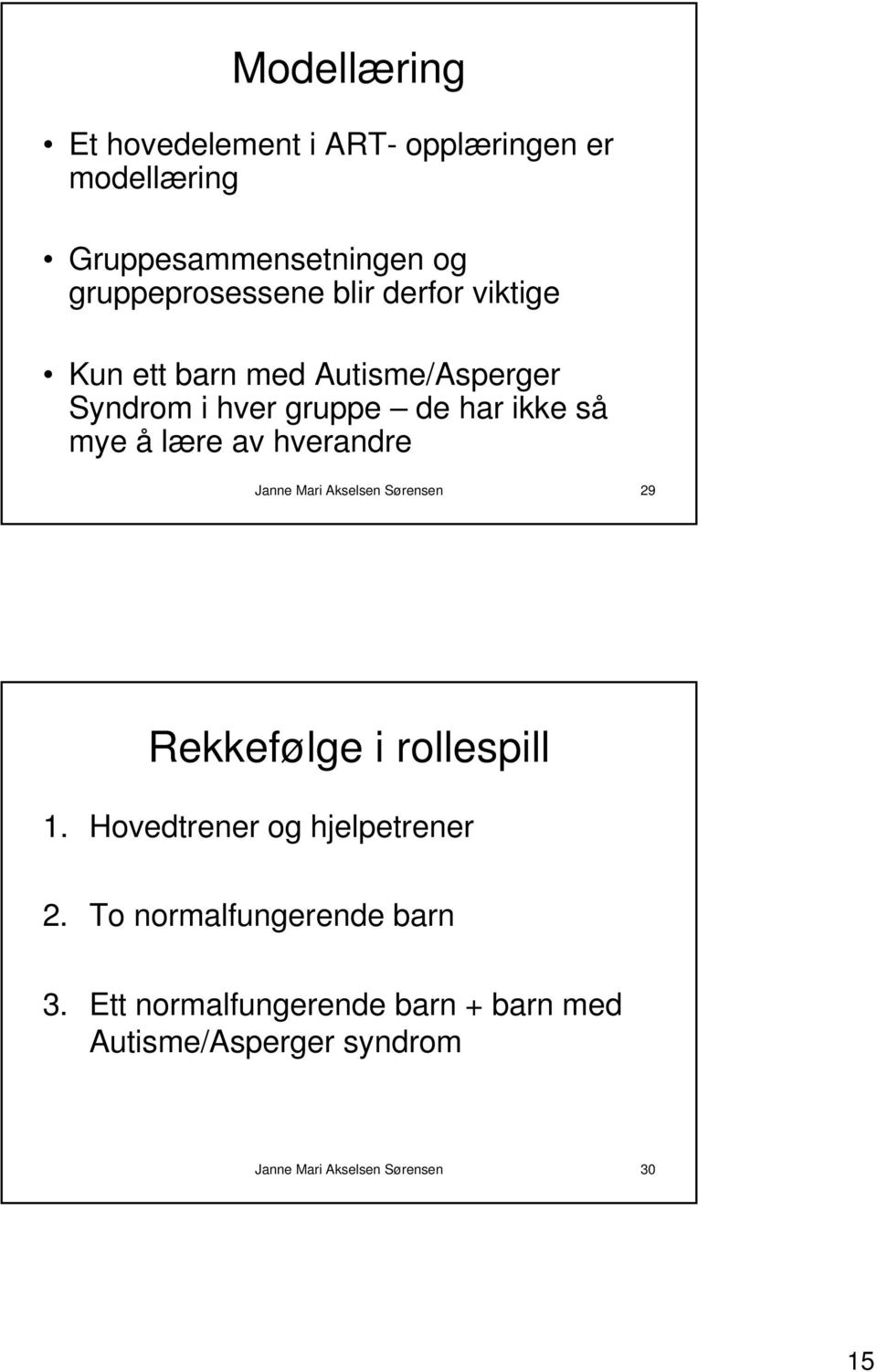 hverandre Janne Mari Akselsen Sørensen 29 Rekkefølge i rollespill 1. Hovedtrener og hjelpetrener 2.