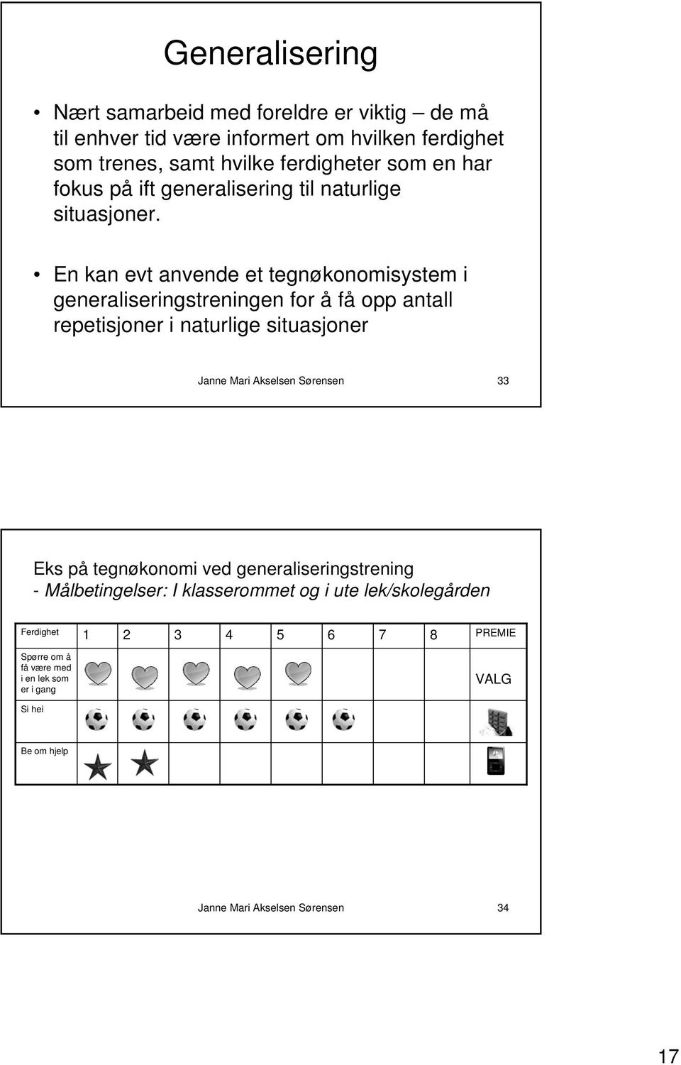 En kan evt anvende et tegnøkonomisystem i generaliseringstreningen for å få opp antall repetisjoner i naturlige situasjoner Janne Mari Akselsen Sørensen