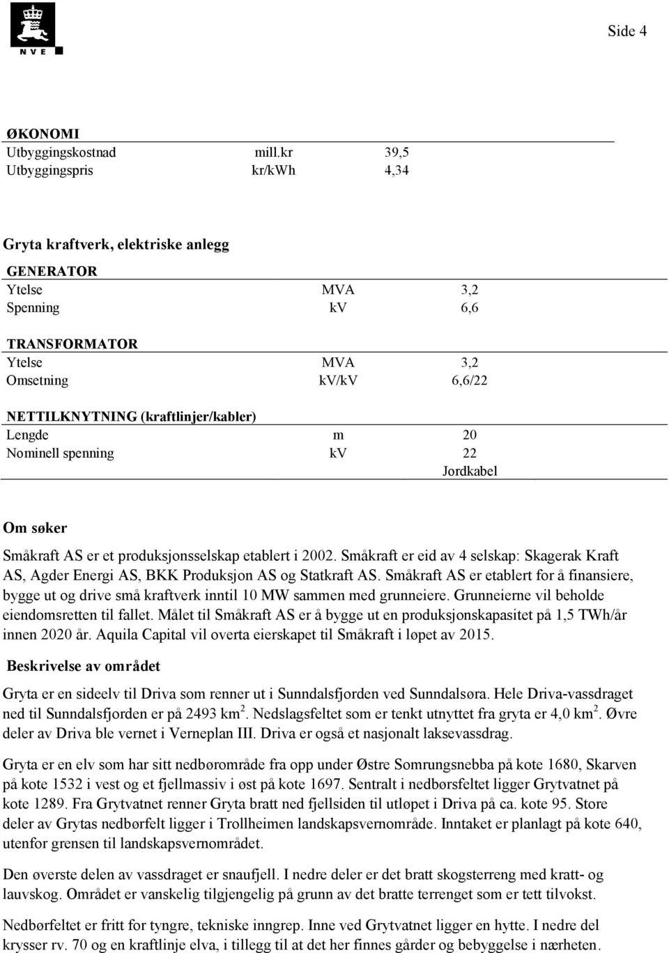 Lengde m 20 Nominell spenning kv 22 Jordkabel Om søker Småkraft AS er et produksjonsselskap etablert i 2002.