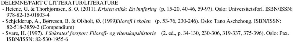 (1999).Filosofi i skolen (p. 53-76, 230-246). Oslo: Tano Aschehoug. ISBN/ISSN: 82-518-3859-2 (Compendium) - Svare, H.