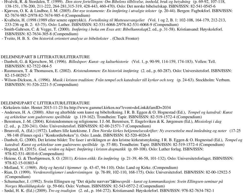 ISBN/ISSN: 82-7674-985-2/978-82-7674-985-4 (Compendium) - Kvalbein, H. (1998 (1989 eller senere opptrykk)). Fortolkning til Matteusevangeliet (Vol. 1 og 2, B.