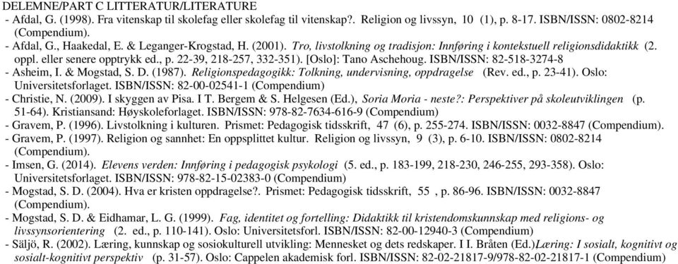 ISBN/ISSN: 82-518-3274-8 - Asheim, I. & Mogstad, S. D. (1987). Religionspedagogikk: Tolkning, undervisning, oppdragelse (Rev. ed., p. 23-41). Oslo: Universitetsforlaget.