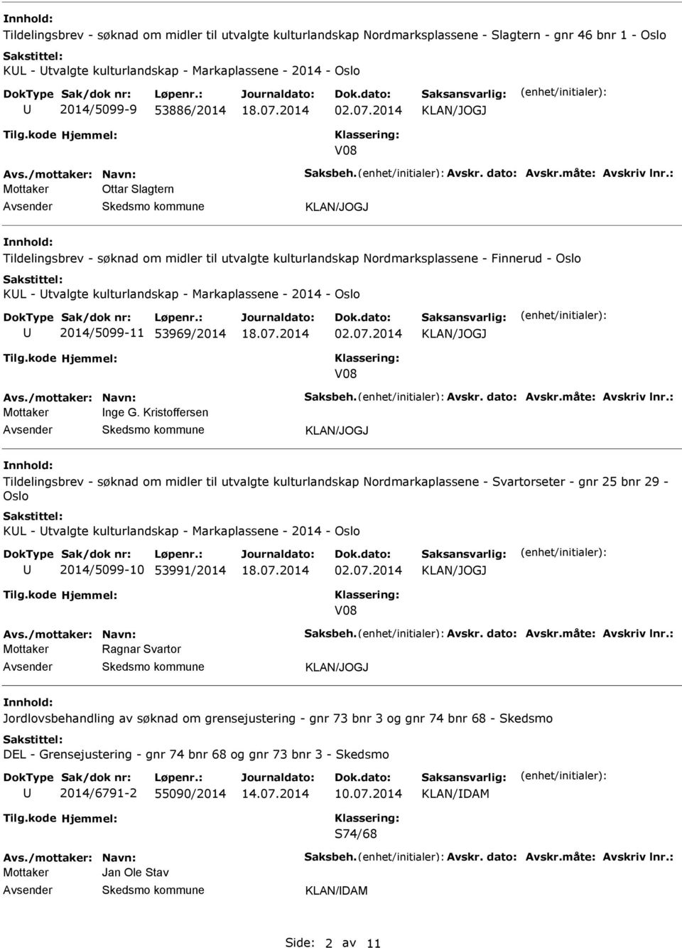 : Mottaker Ottar Slagtern Tildelingsbrev - søknad om midler til utvalgte kulturlandskap Nordmarksplassene - Finnerud - Oslo KL - tvalgte kulturlandskap - Markaplassene - 2014 - Oslo 2014/5099-11