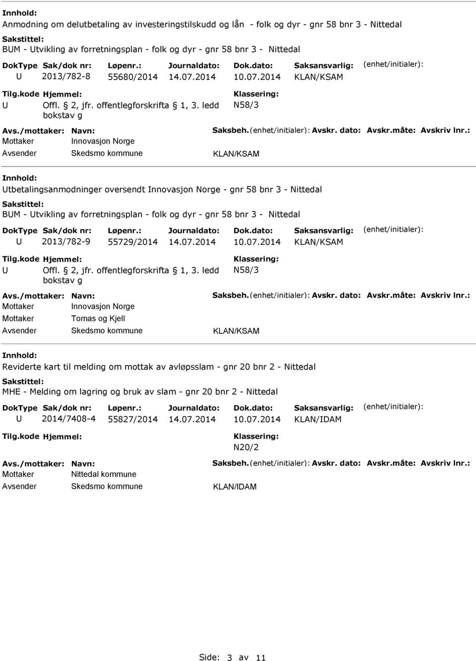 : Mottaker nnovasjon Norge tbetalingsanmodninger oversendt nnovasjon Norge - gnr 58 bnr 3 - Nittedal BM - tvikling av forretningsplan - folk og dyr - gnr 58 bnr 3 - Nittedal 2013/782-9 55729/2014