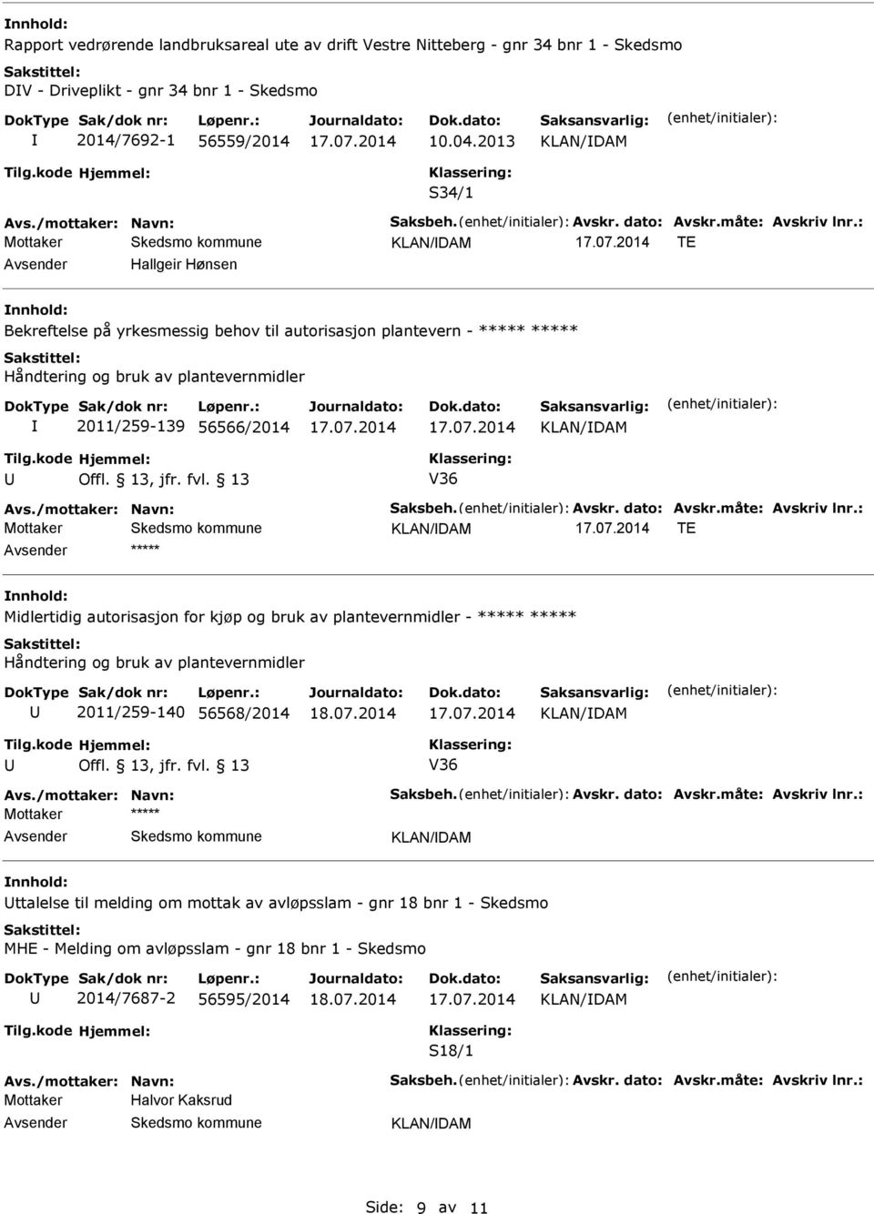 : TE Hallgeir Hønsen Bekreftelse på yrkesmessig behov til autorisasjon plantevern - ***** ***** Håndtering og bruk av plantevernmidler 2011/259-139 56566/2014 Offl. 13, jfr. fvl. 13 V36 Avs.