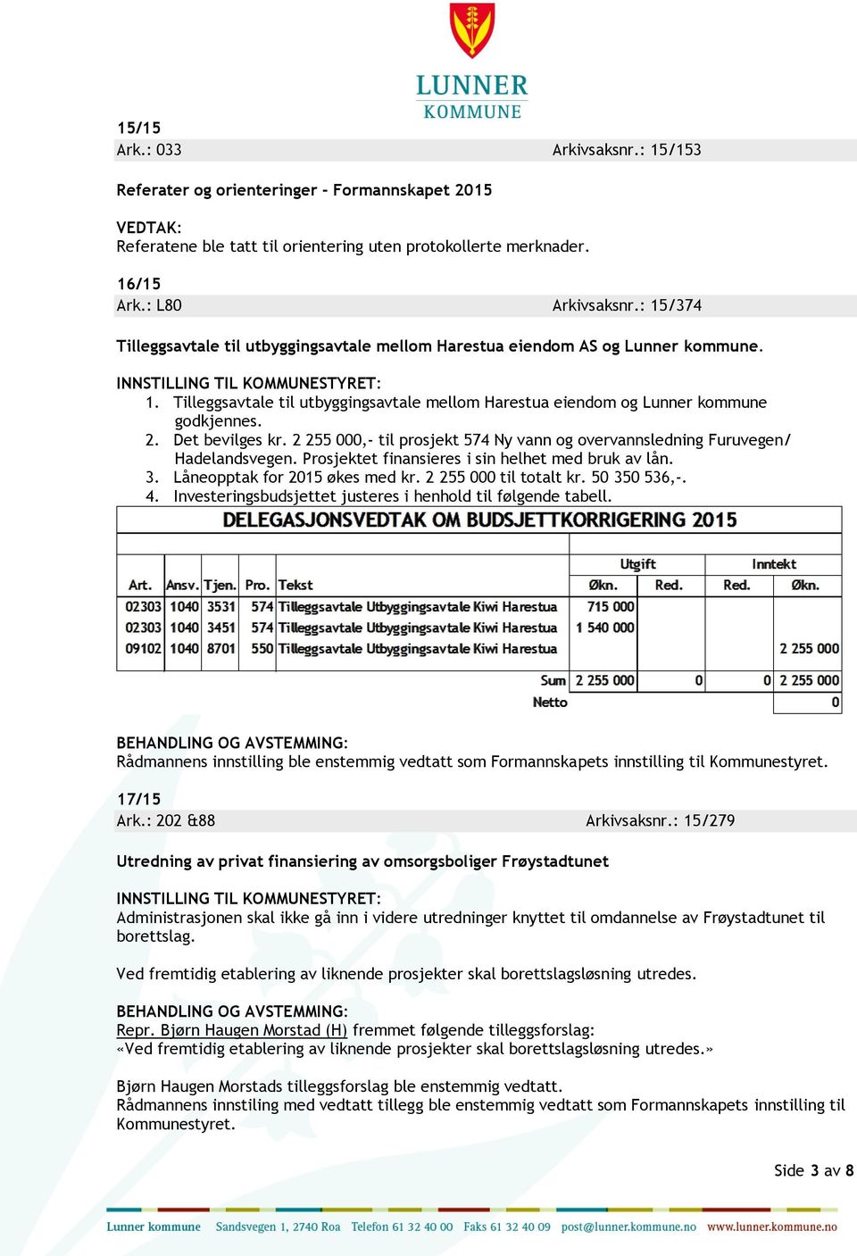 Det bevilges kr. 2 255 000,- til prosjekt 574 Ny vann og overvannsledning Furuvegen/ Hadelandsvegen. Prosjektet finansieres i sin helhet med bruk av lån. 3. Låneopptak for 2015 økes med kr.