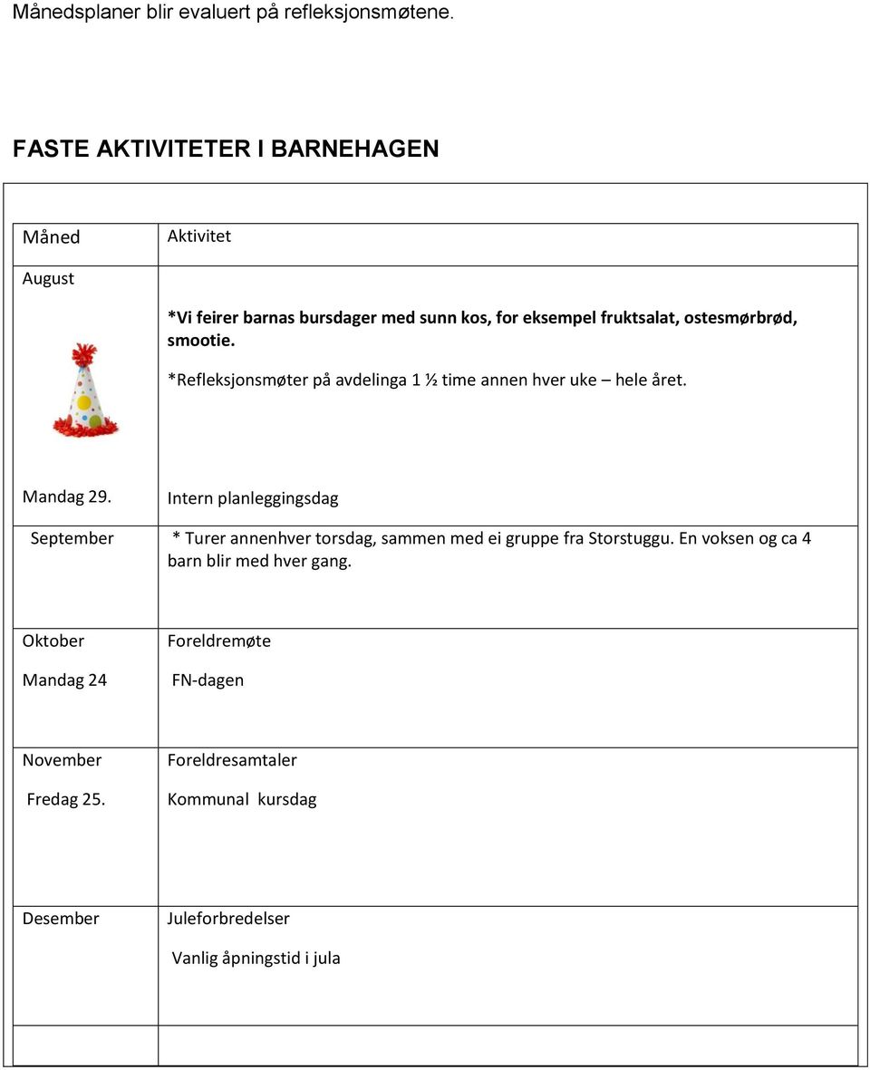 smootie. *Refleksjonsmøter på avdelinga 1 ½ time annen hver uke hele året. Mandag 29.