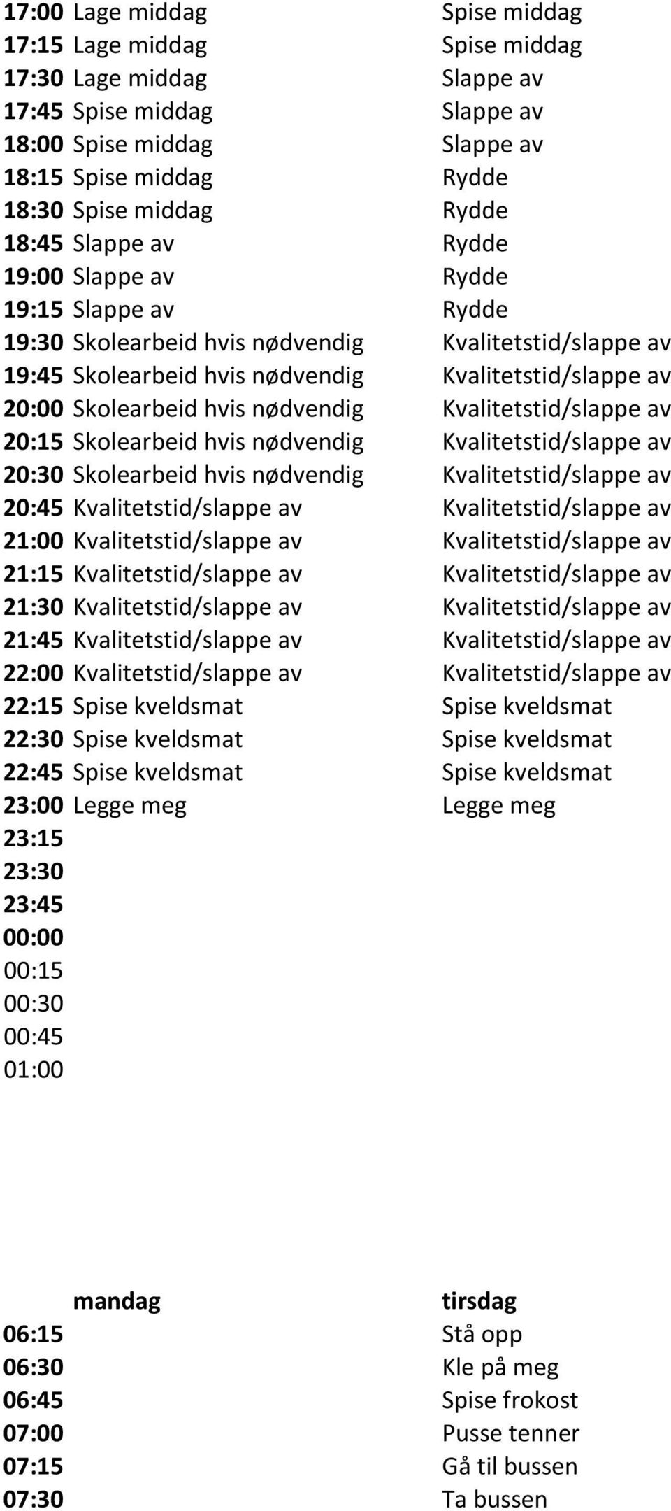 21:30 /slappe av /slappe av 21:45 /slappe av /slappe av 22:00 /slappe av /slappe av 22:15 Spise kveldsmat Spise kveldsmat 22:30 Spise kveldsmat Spise kveldsmat 22:45