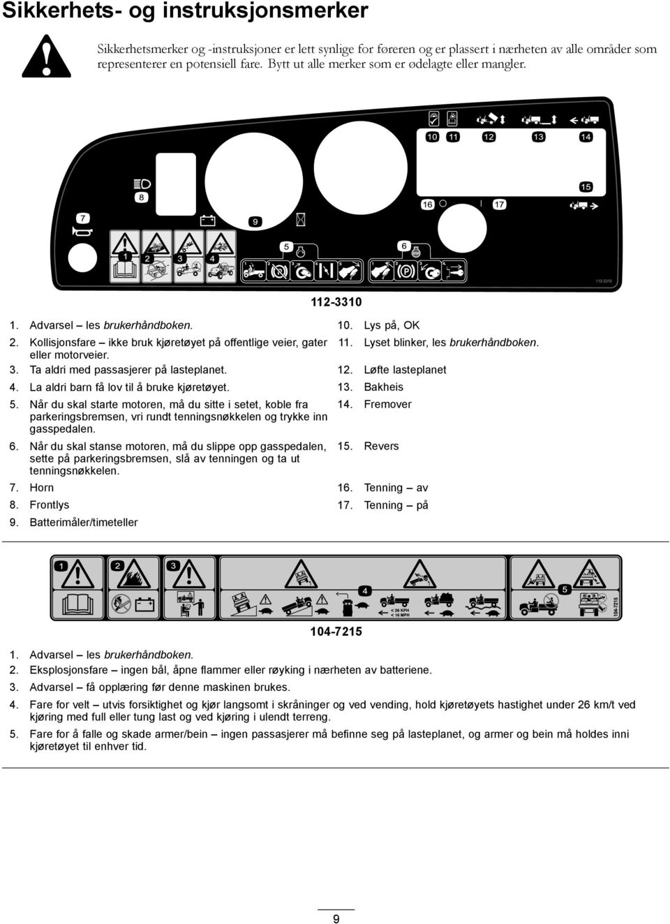 Lyset blinker, les brukerhåndboken. eller motorveier. 3. Ta aldri med passasjerer på lasteplanet. 12. Løfte lasteplanet 4. La aldri barn få lov til å bruke kjøretøyet. 13. Bakheis 5.