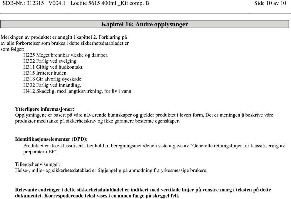 H315 Irriterer huden. H318 Gir alvorlig øyeskade. H332 Farlig ved innånding. H412 Skadelig, med langtidsvirkning, for liv i vann.