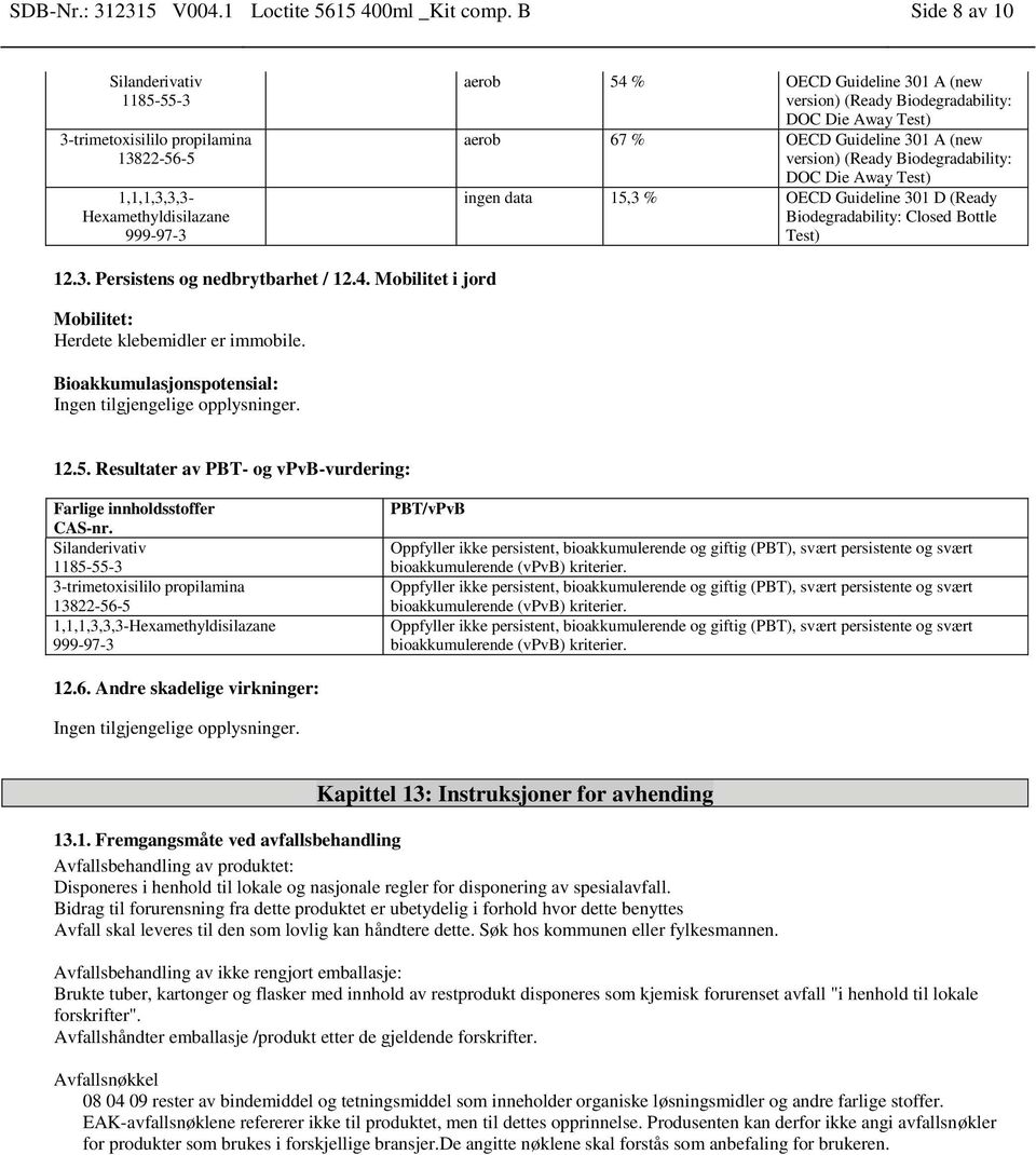 Biodegradability: Closed Bottle Test) 12.3. Persistens og nedbrytbarhet / 12.4. Mobilitet i jord Mobilitet: Herdete klebemidler er immobile.