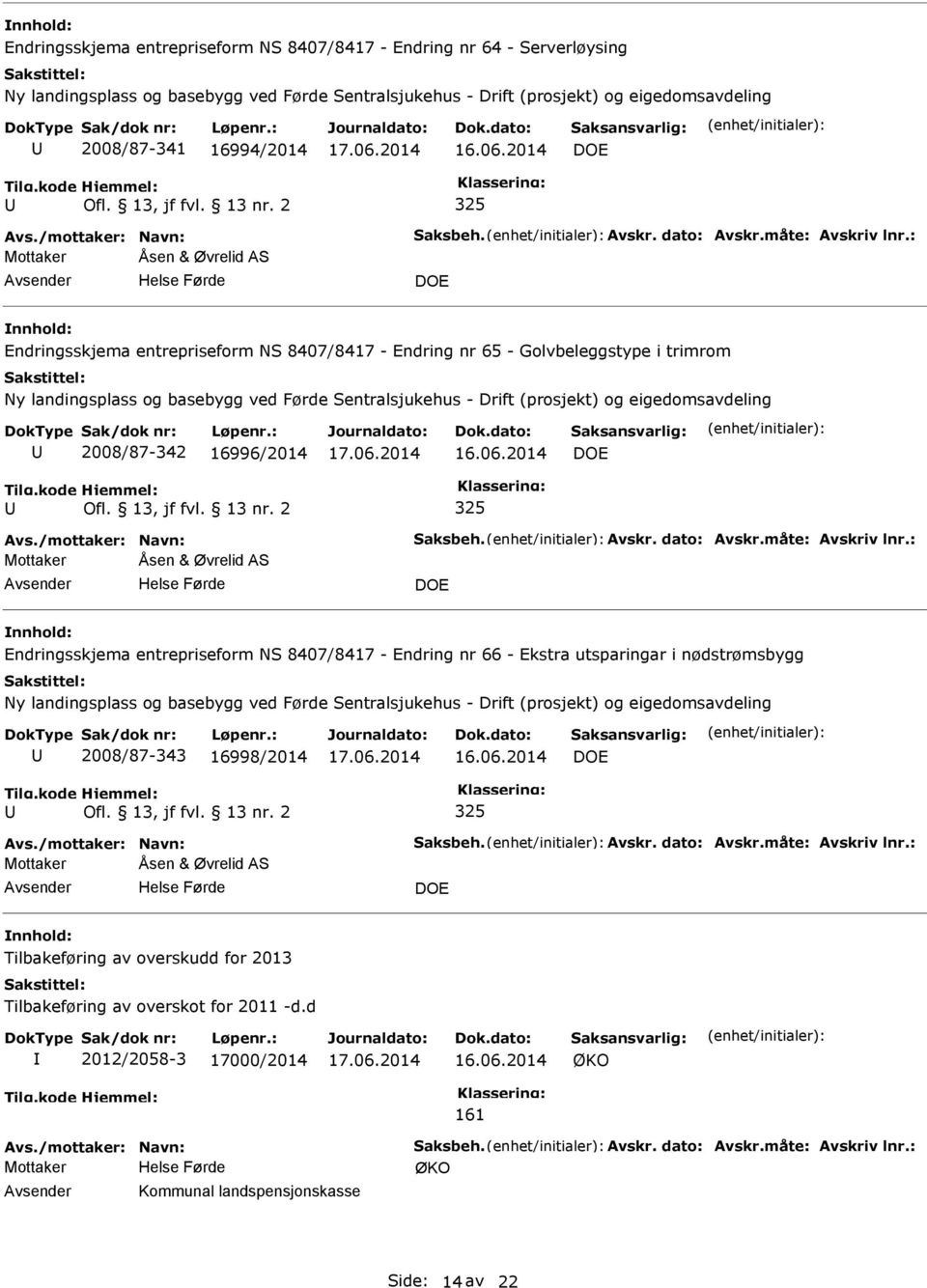 entrepriseform NS 8407/8417 - Endring nr 66 - Ekstra utsparingar i nødstrømsbygg 2008/87-343 16998/2014 Tilbakeføring