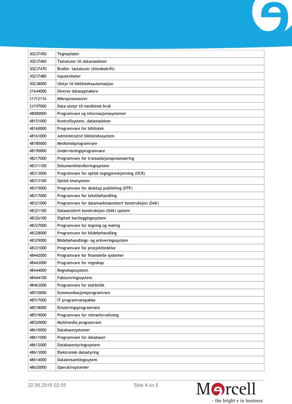 Administrativt bibliotekssystem 48180000 Medisinskprogramvare 48190000 Undervisningsprogramvare 48217000 Programvare for transasksjonsprosessering 48311100 Dokumenthåndteringssystem 48313000