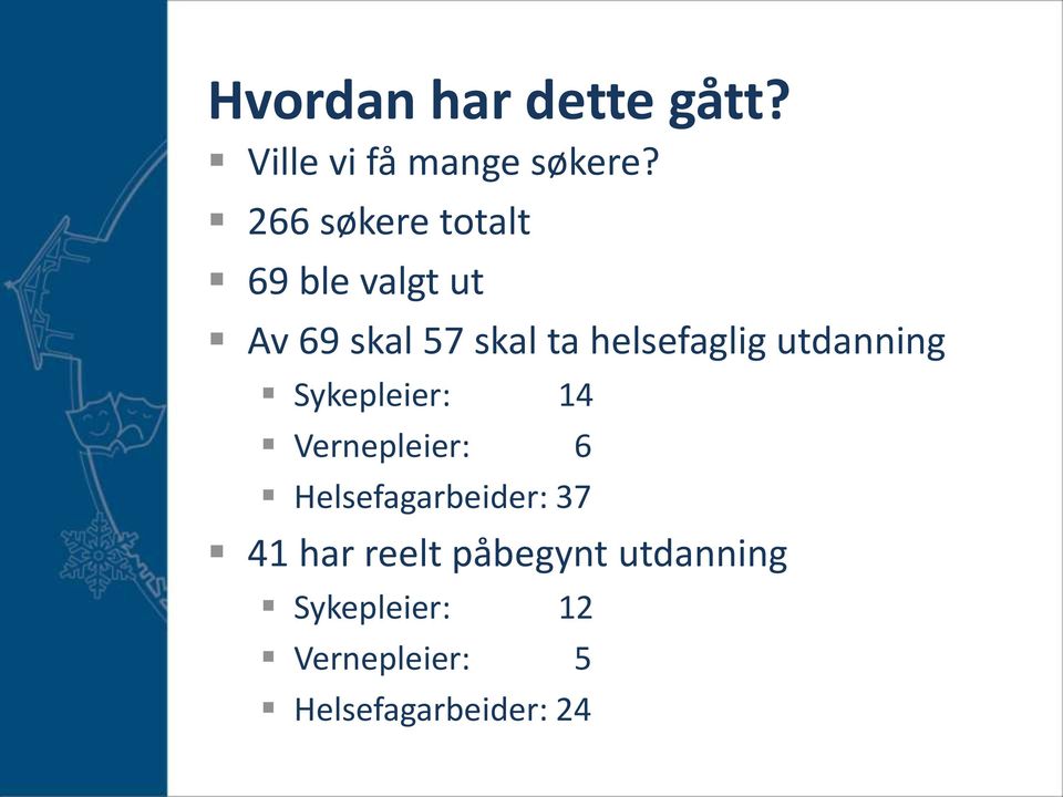 helsefaglig utdanning Sykepleier: 14 Vernepleier: 6