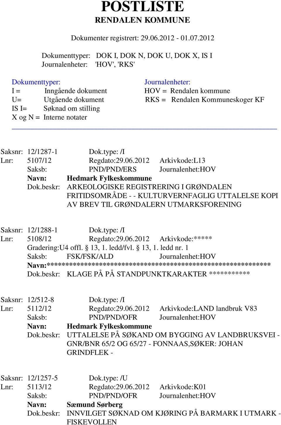 2012 Arkivkode:***** Saksb: FSK/FSK/ALD Journalenhet:HOV Dok.beskr: KLAGE PÅ PÅ STANDPUNKTKARAKTER *********** Saksnr: 12/512-8 Dok.type: /I Lnr: 5112/12 Regdato:29.06.