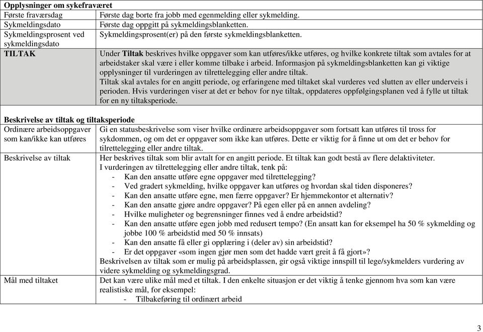 sykmeldingsdato TILTAK Under Tiltak beskrives hvilke oppgaver som kan utføres/ikke utføres, og hvilke konkrete tiltak som avtales for at arbeidstaker skal være i eller komme tilbake i arbeid.