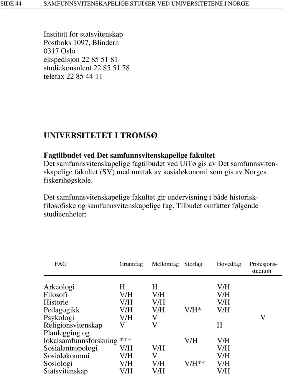 sosialøkonomi som gis av Norges fiskerihøgskole. Det samfunnsvitenskapelige fakultet gir undervisning i både historiskfilosofiske og samfunnsvitenskapelige fag.