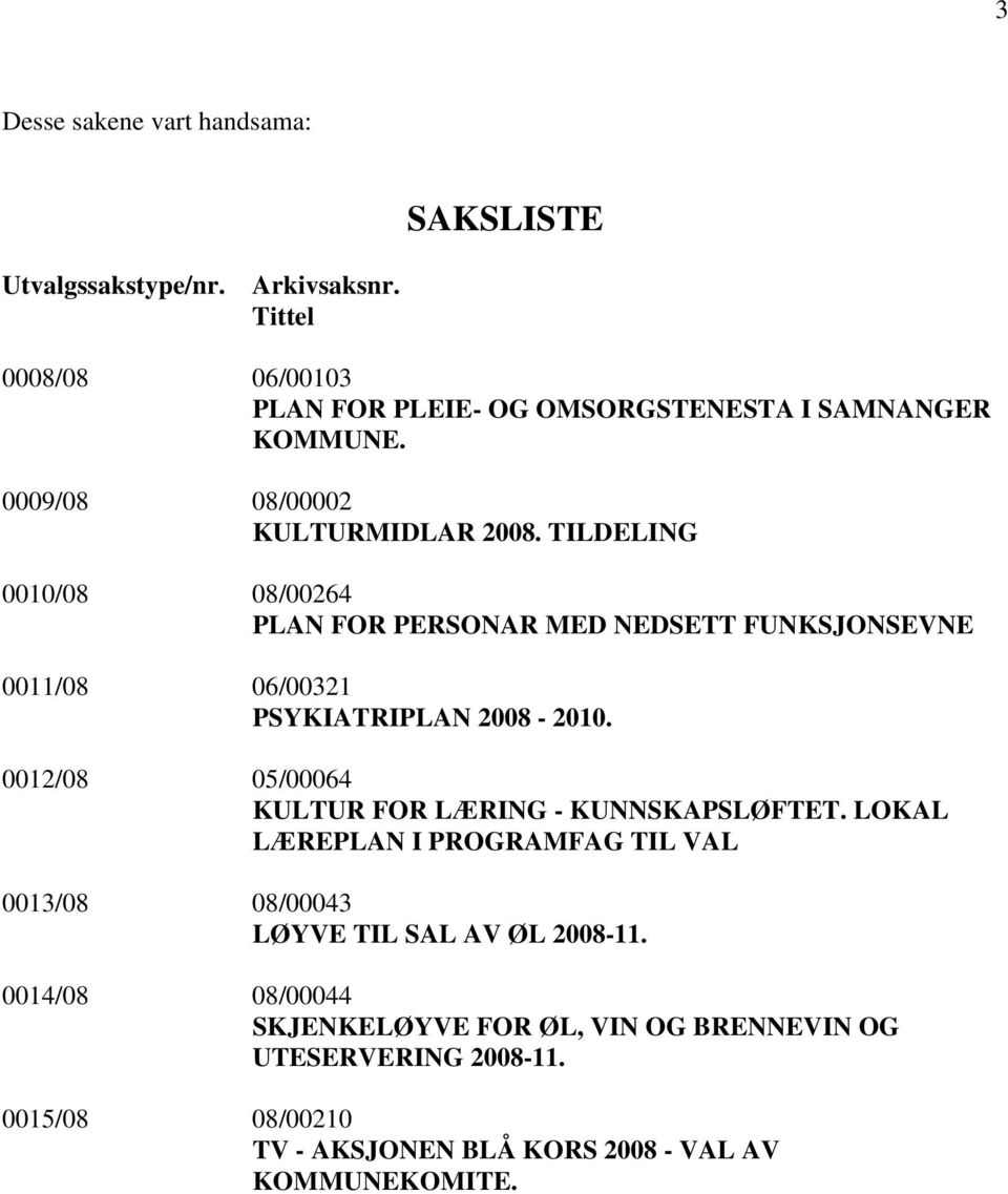 TILDELING 0010/08 08/00264 PLAN FOR PERSONAR MED NEDSETT FUNKSJONSEVNE 0011/08 06/00321 PSYKIATRIPLAN 2008-2010.