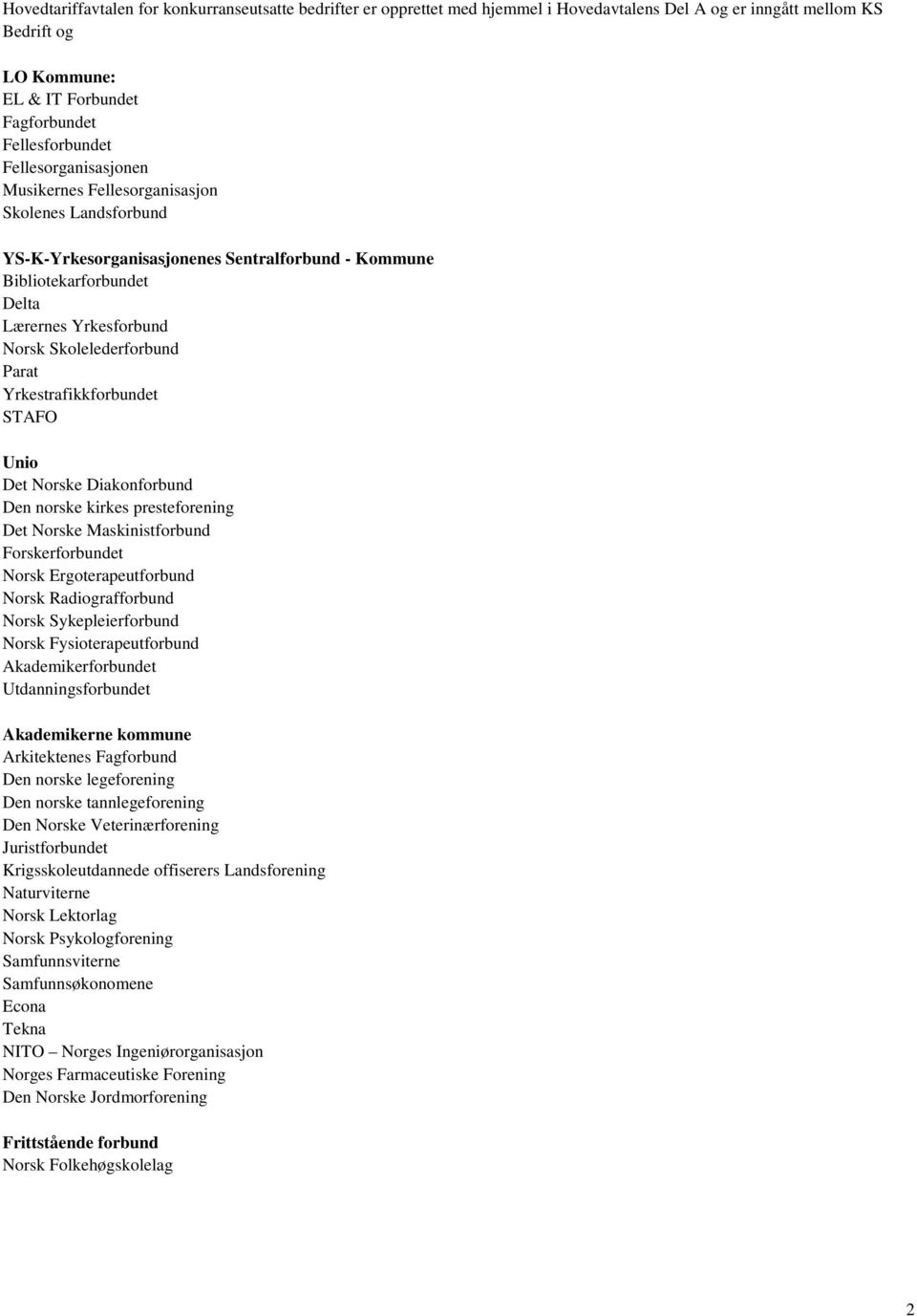 Parat Yrkestrafikkforbundet STAFO Unio Det Norske Diakonforbund Den norske kirkes presteforening Det Norske Maskinistforbund Forskerforbundet Norsk Ergoterapeutforbund Norsk Radiografforbund Norsk