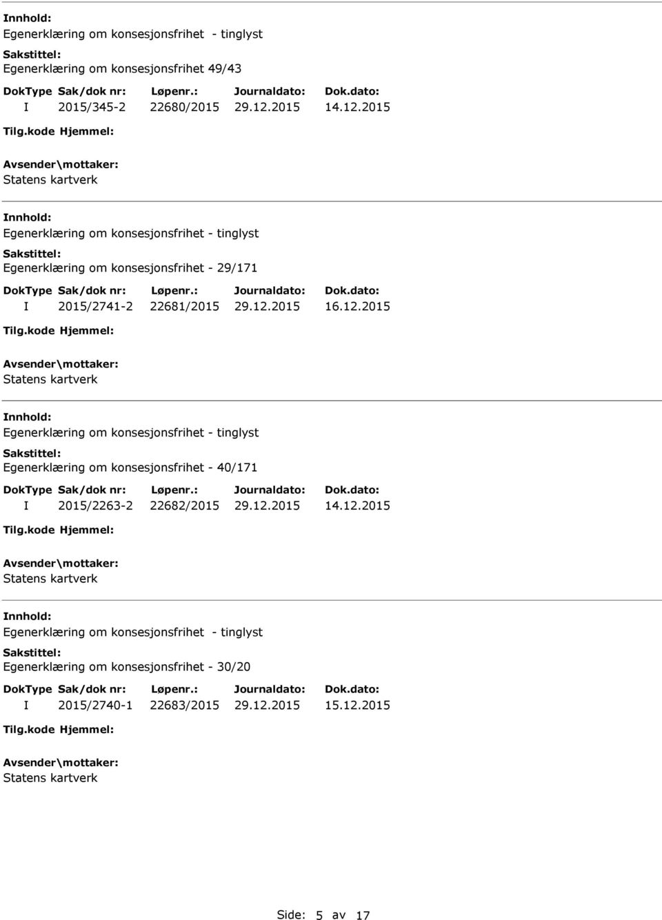 2015 nnhold: Egenerklæring om konsesjonsfrihet - 40/171 2015/2263-2 22682/2015 14.12.