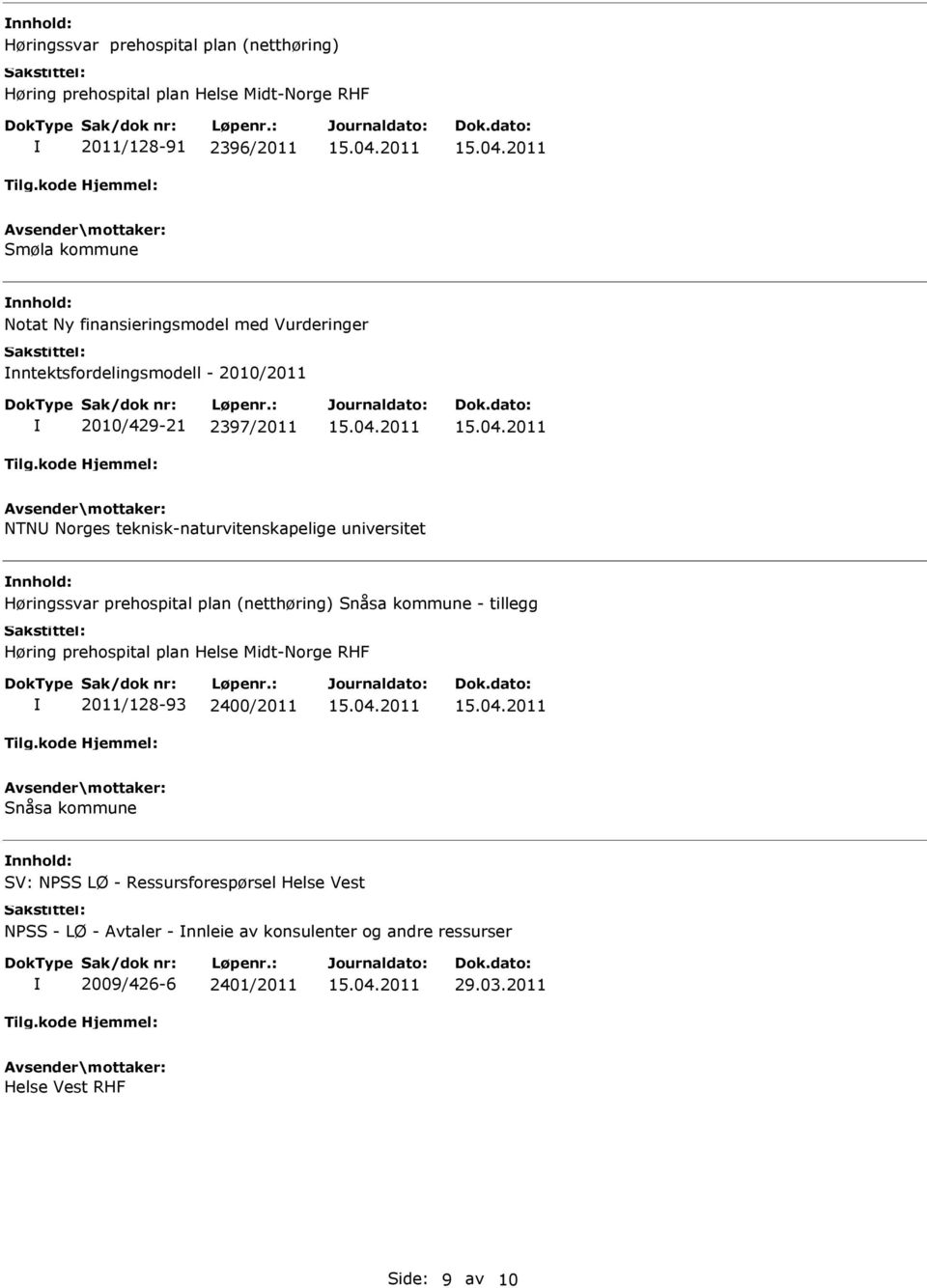 tillegg 2011/128-93 2400/2011 Snåsa kommune SV: NPSS LØ - Ressursforespørsel Helse Vest NPSS - LØ -