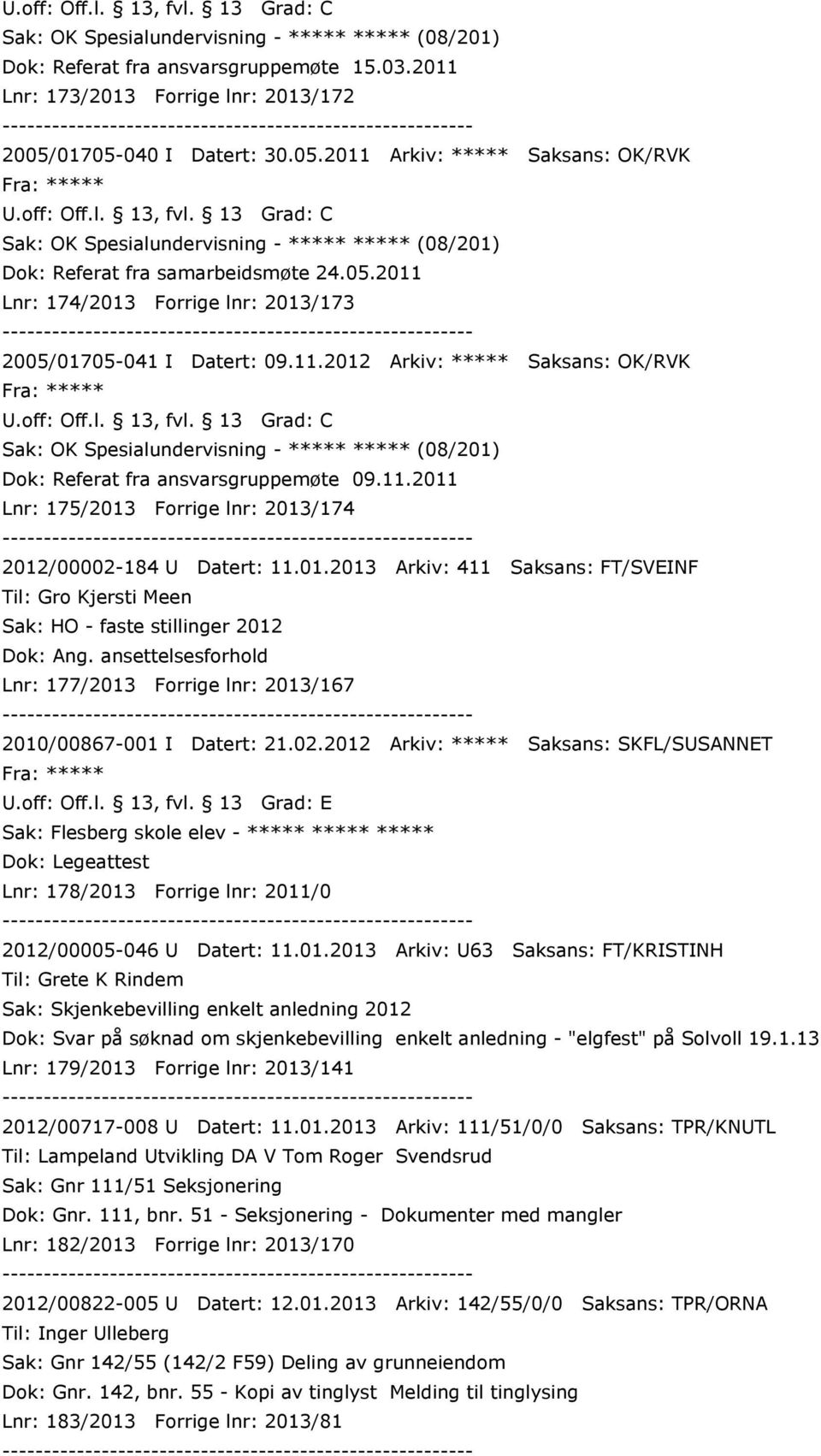 11.2012 Arkiv: ***** Saksans: OK/RVK U.off: Off.l. 13, fvl. 13 Grad: C Sak: OK Spesialundervisning - ***** ***** (08/201) Dok: Referat fra ansvarsgruppemøte 09.11.2011 Lnr: 175/2013 Forrige lnr: 2013/174 2012/00002-184 U Datert: 11.