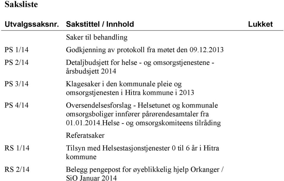 omsorgstjenesten i Hitra kommune i 2013 Oversendelsesforslag - Helsetunet og kommunale omsorgsboliger innfører pårørendesamtaler fra 01.01.2014.