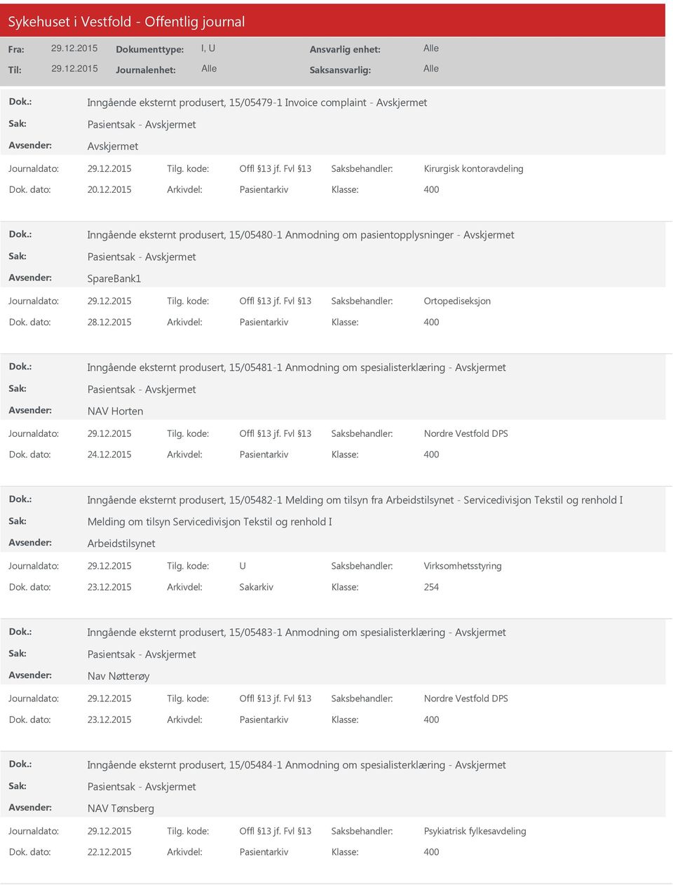 2015 Arkivdel: Pasientarkiv Inngående eksternt produsert, 15/05481-1 Anmodning om spesialisterklæring - Pasientsak - NAV Horten Dok. dato: 24.12.