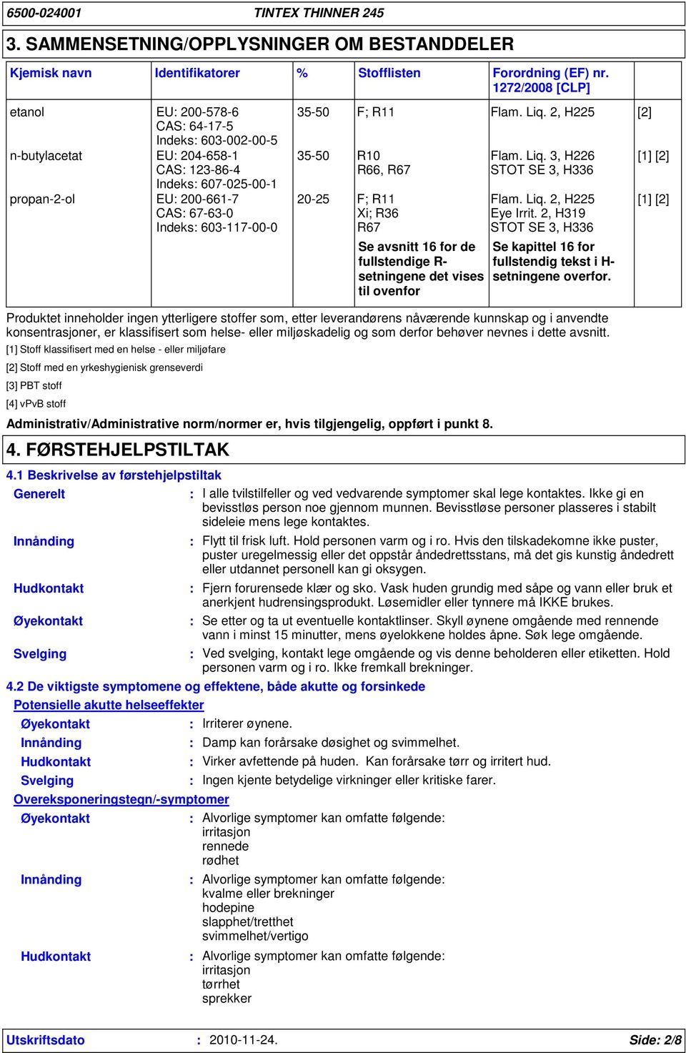 F; R11 Flam. Liq. 2, H225 [2] 35-50 R10 R66, R67 20-25 F; R11 Xi; R36 R67 Se avsnitt 16 for de fullstendige R- setningene det vises til ovenfor Flam. Liq. 3, H226 STOT SE 3, H336 Flam. Liq. 2, H225 Eye Irrit.