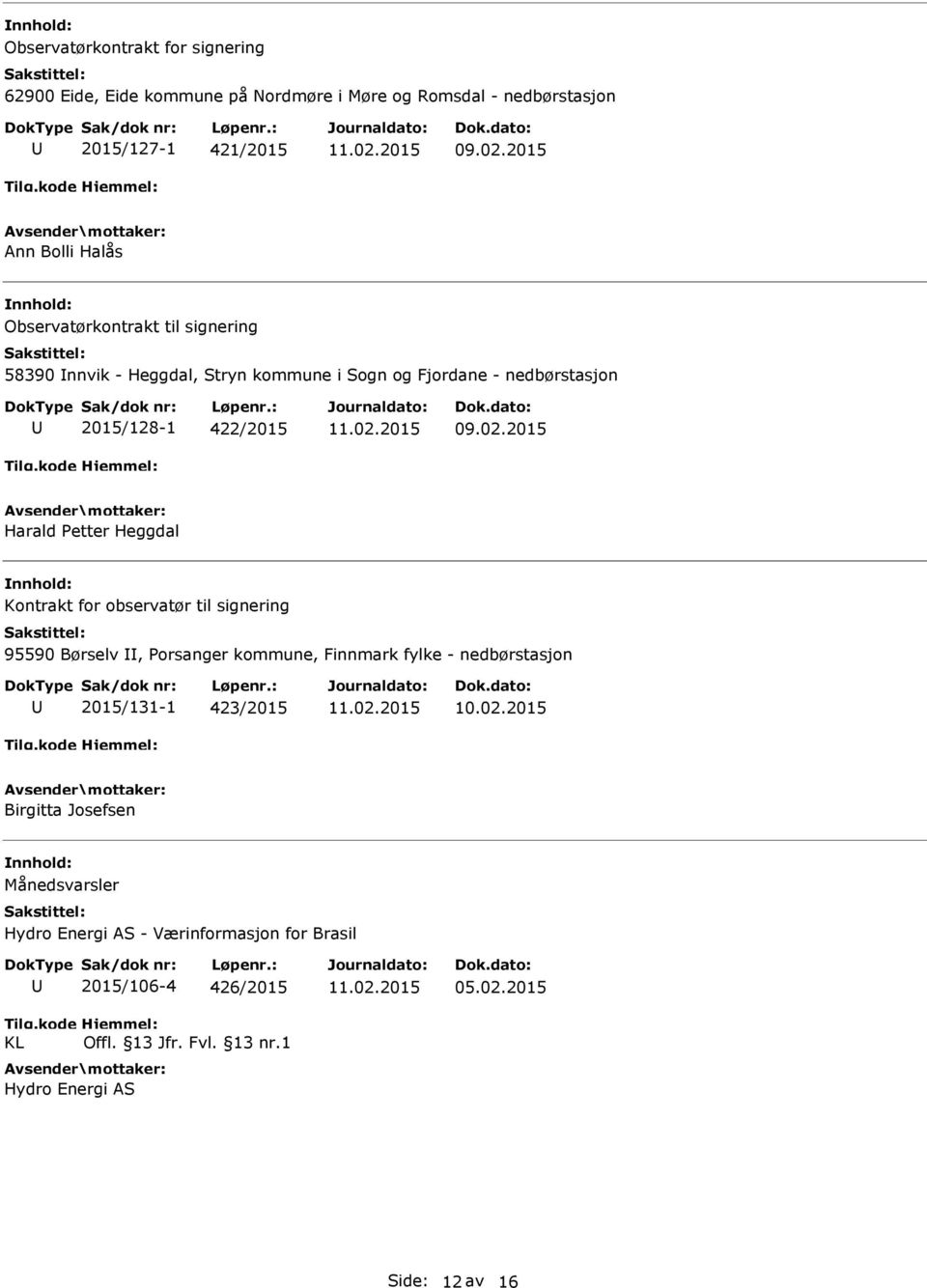 Heggdal Kontrakt for observatør til signering 95590 Børselv, orsanger kommune, Finnmark fylke - nedbørstasjon 2015/131-1 423/2015 Birgitta