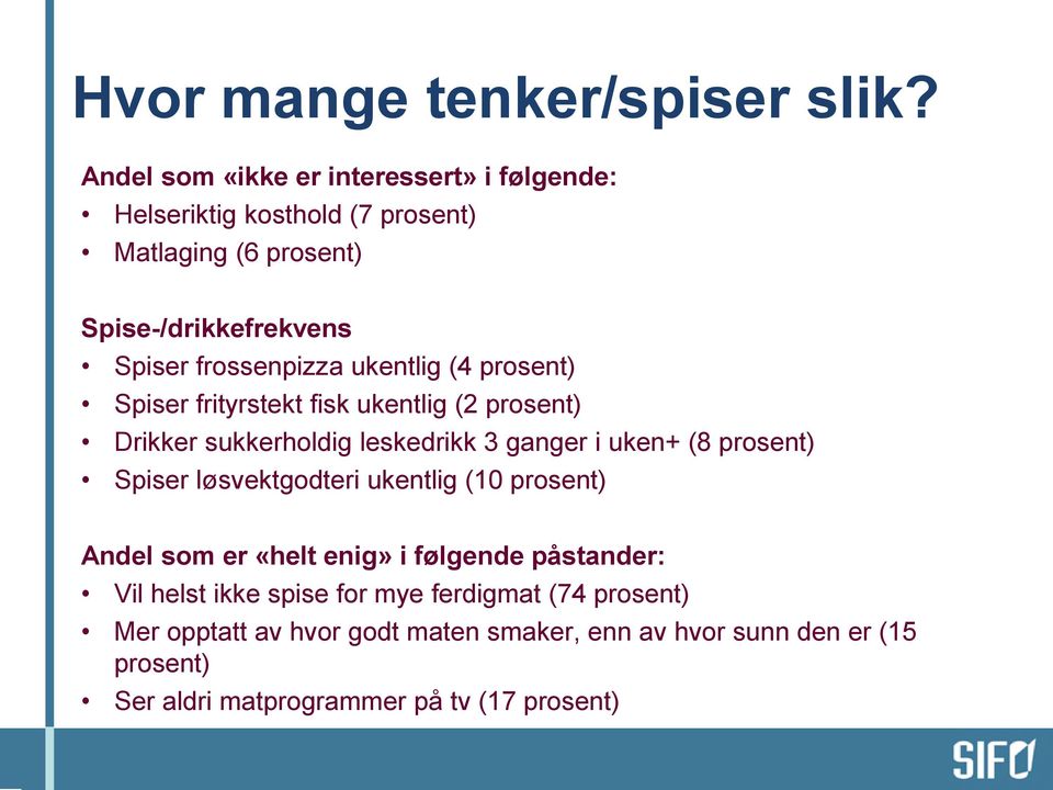 frossenpizza ukentlig (4 prosent) Spiser frityrstekt fisk ukentlig (2 prosent) Drikker sukkerholdig leskedrikk 3 ganger i uken+ (8 prosent)