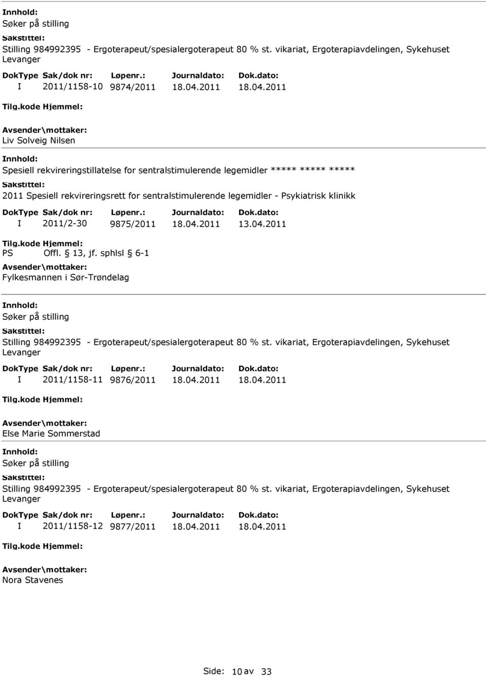 rekvireringsrett for sentralstimulerende legemidler - Psykiatrisk klinikk 2011/2-30 9875/2011 Fylkesmannen i Sør-Trøndelag 13.04.