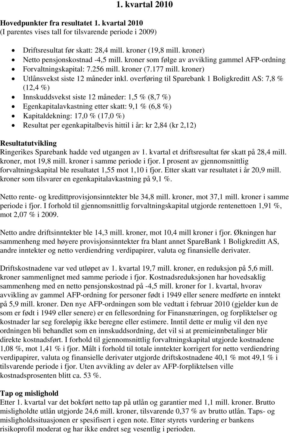 overføring til Sparebank 1 Boligkreditt AS: 7,8 % (12,4 %) Innskuddsvekst siste 12 måneder: 1,5 % (8,7 %) Egenkapitalavkastning etter skatt: 9,1 % (6,8 %) Kapitaldekning: 17,0 % (17,0 %) Resultat per