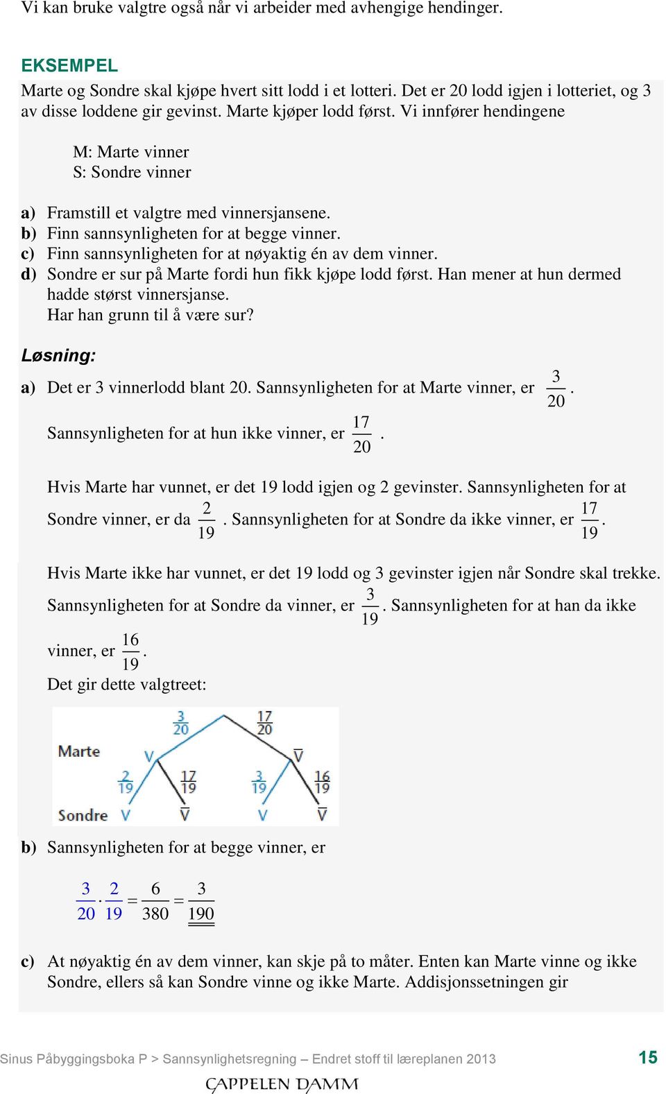 b) Finn sannsynligheten for at begge vinner. c) Finn sannsynligheten for at nøyaktig én av dem vinner. d) Sondre er sur på Marte fordi hun fikk kjøpe lodd først.