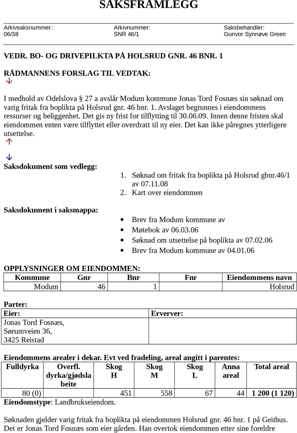 Avslaget begrunnes i eiendommens ressurser og beliggenhet. Det gis ny frist for tilflytting til 30.06.09. Innen denne fristen skal eiendommen enten være tilflyttet eller overdratt til ny eier.